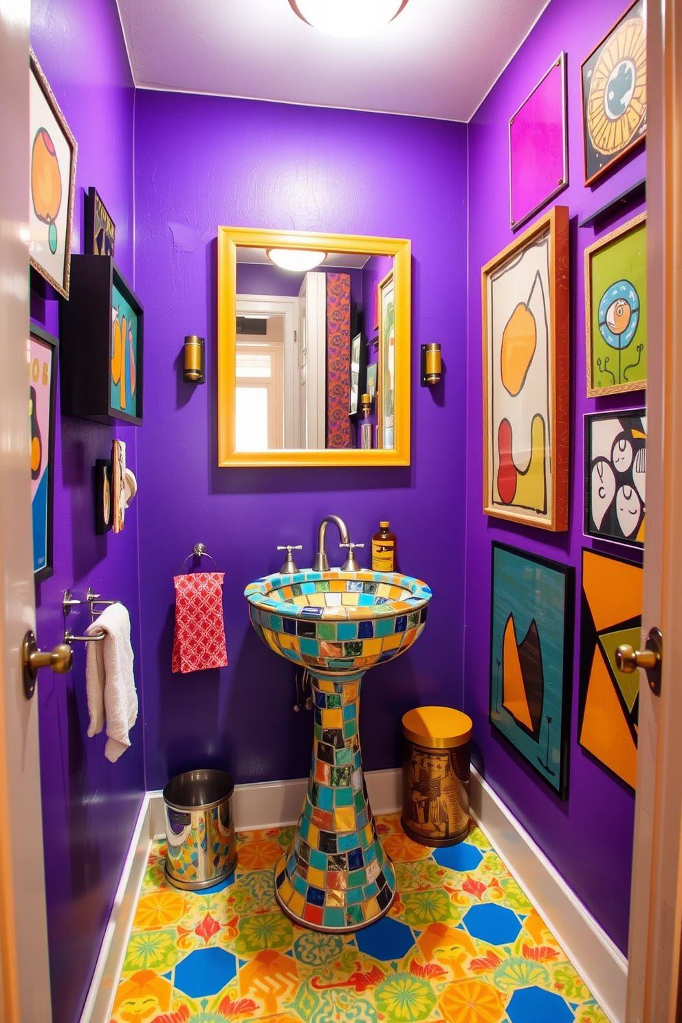 A chic powder room featuring bold artwork that serves as a striking focal point. The walls are painted in a deep navy blue, enhancing the vibrancy of the oversized abstract painting that dominates the space. The vanity is a sleek modern design with a white sink and brushed gold fixtures. A large round mirror with a thin gold frame reflects the artistic elements, while a small potted plant adds a touch of greenery.