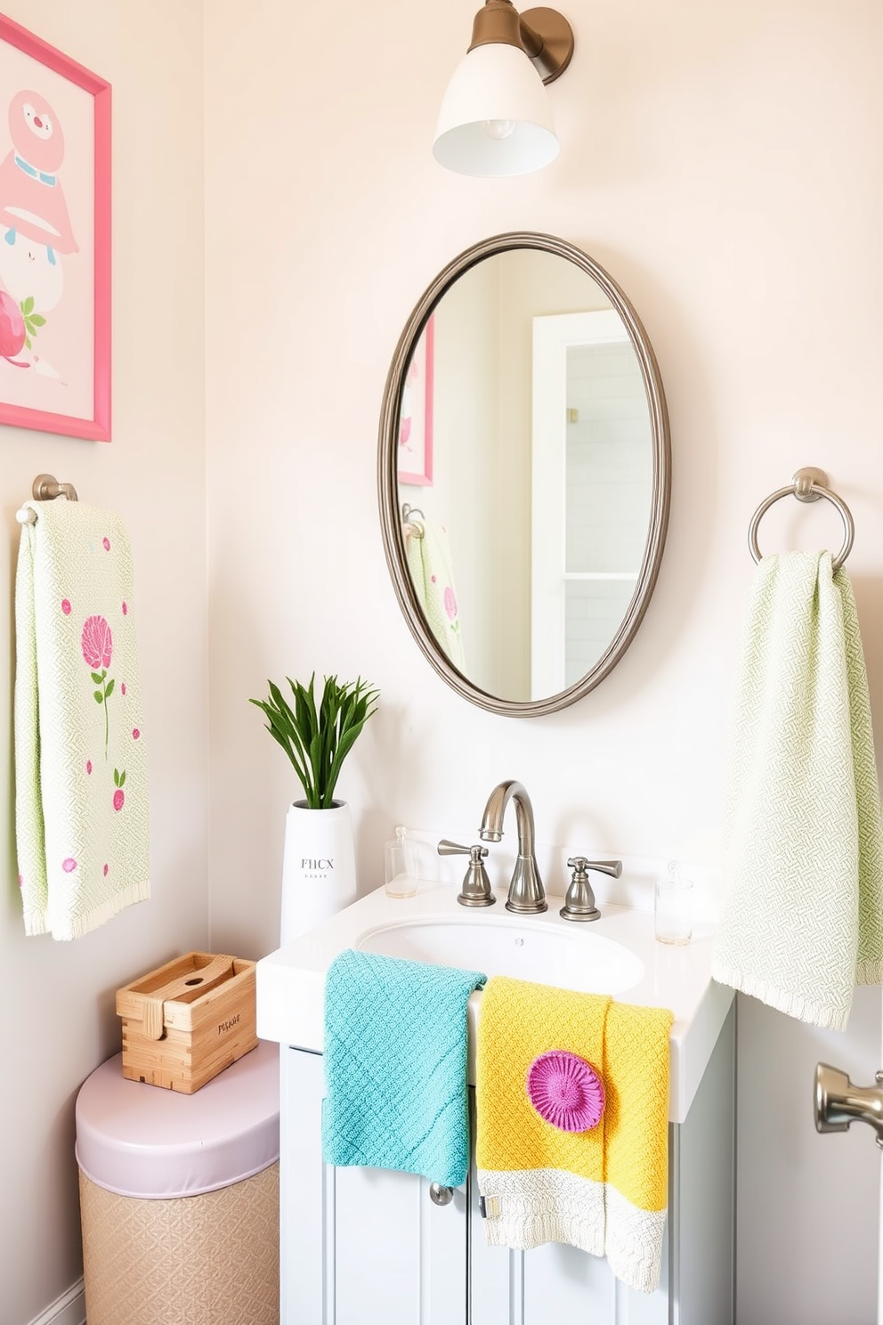 A vibrant powder room featuring colorful hand towels that add a cheerful touch. The walls are painted in a soft pastel hue, and the decor includes playful accents that enhance the overall aesthetic.