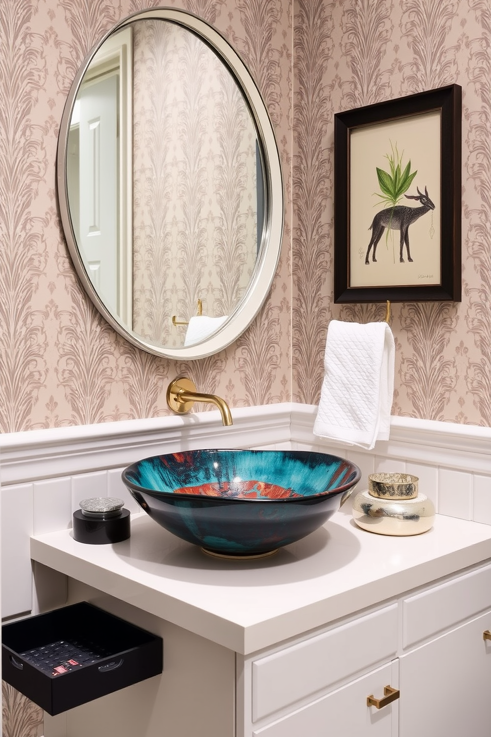 A unique vessel sink serves as the stunning focal point of the powder room with its artistic design and vibrant colors. Surrounding the sink, the walls are adorned with elegant wallpaper that complements the overall aesthetic, while a sleek countertop provides ample space for decorative accessories.