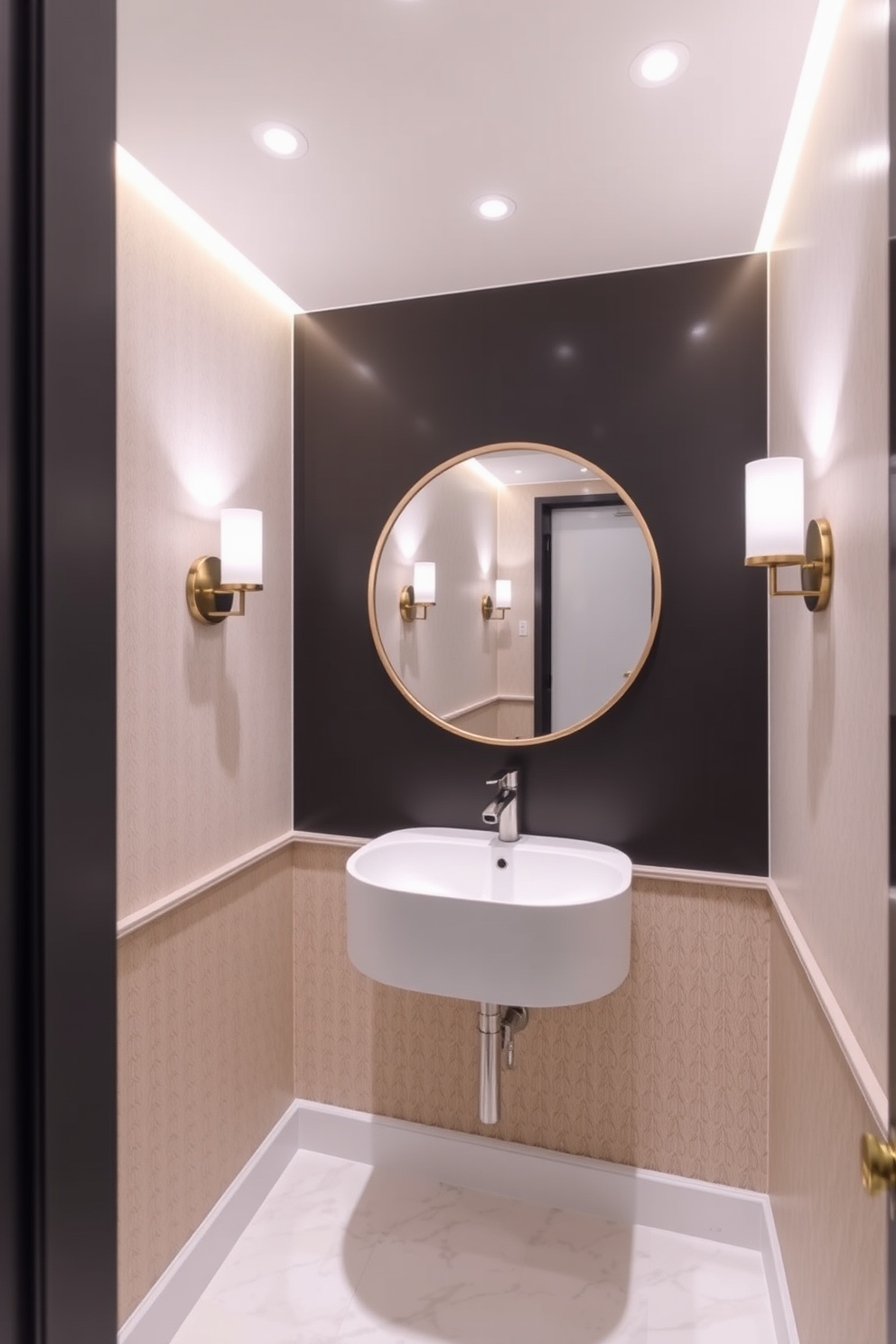 A stylish powder room featuring layered lighting to create a versatile ambiance. The space includes a chic wall-mounted sink with a sleek faucet and a large round mirror that reflects the warm glow of sconces on either side. Soft recessed lighting is integrated into the ceiling, providing a gentle wash of light throughout the room. The walls are adorned with a sophisticated wallpaper pattern, and the floor is finished with elegant marble tiles for added luxury.