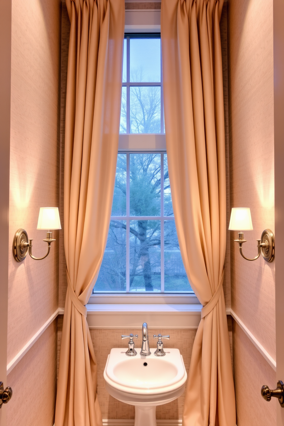 Elegant drapery cascades gracefully from the ceiling, framing the windows with a luxurious touch. The fabric features a soft pastel hue that complements the overall color palette of the powder room. A stylish pedestal sink takes center stage, surrounded by delicate wall sconces that provide warm ambient lighting. The walls are adorned with subtle wallpaper, adding texture and sophistication to the intimate space.