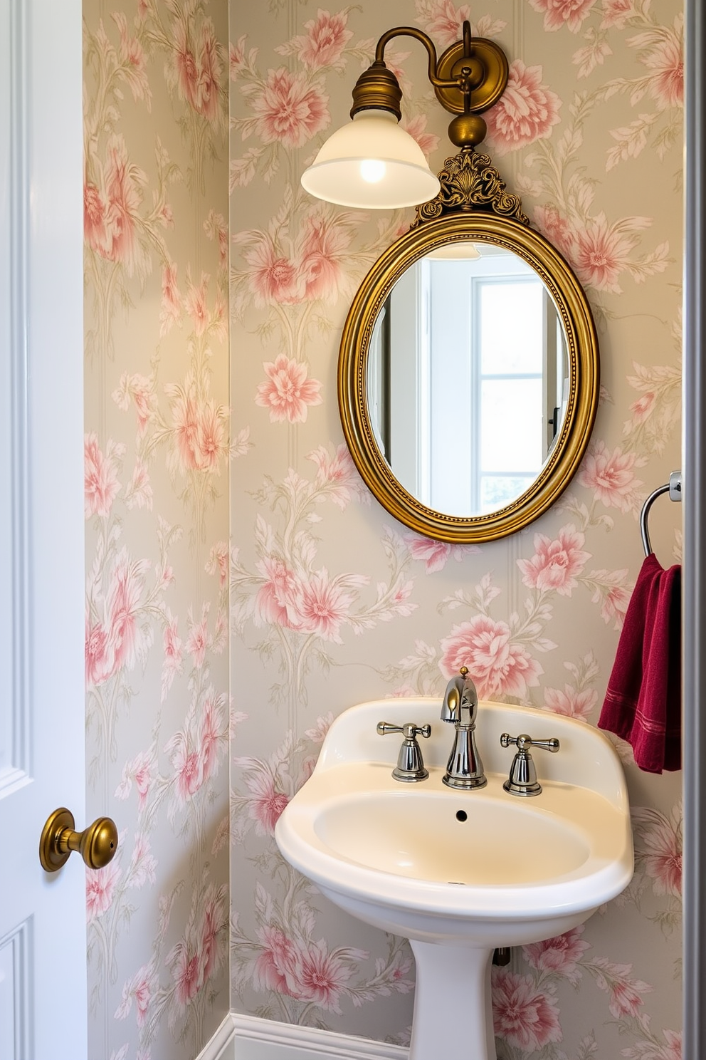 A chic powder room featuring lush greenery for a fresh and vibrant touch. The walls are adorned with botanical wallpaper, and a sleek pedestal sink is complemented by a stylish round mirror above it. Potted plants in various sizes are strategically placed around the room, adding life and color. A soft, textured rug lies beneath the sink, enhancing the cozy atmosphere of the space.