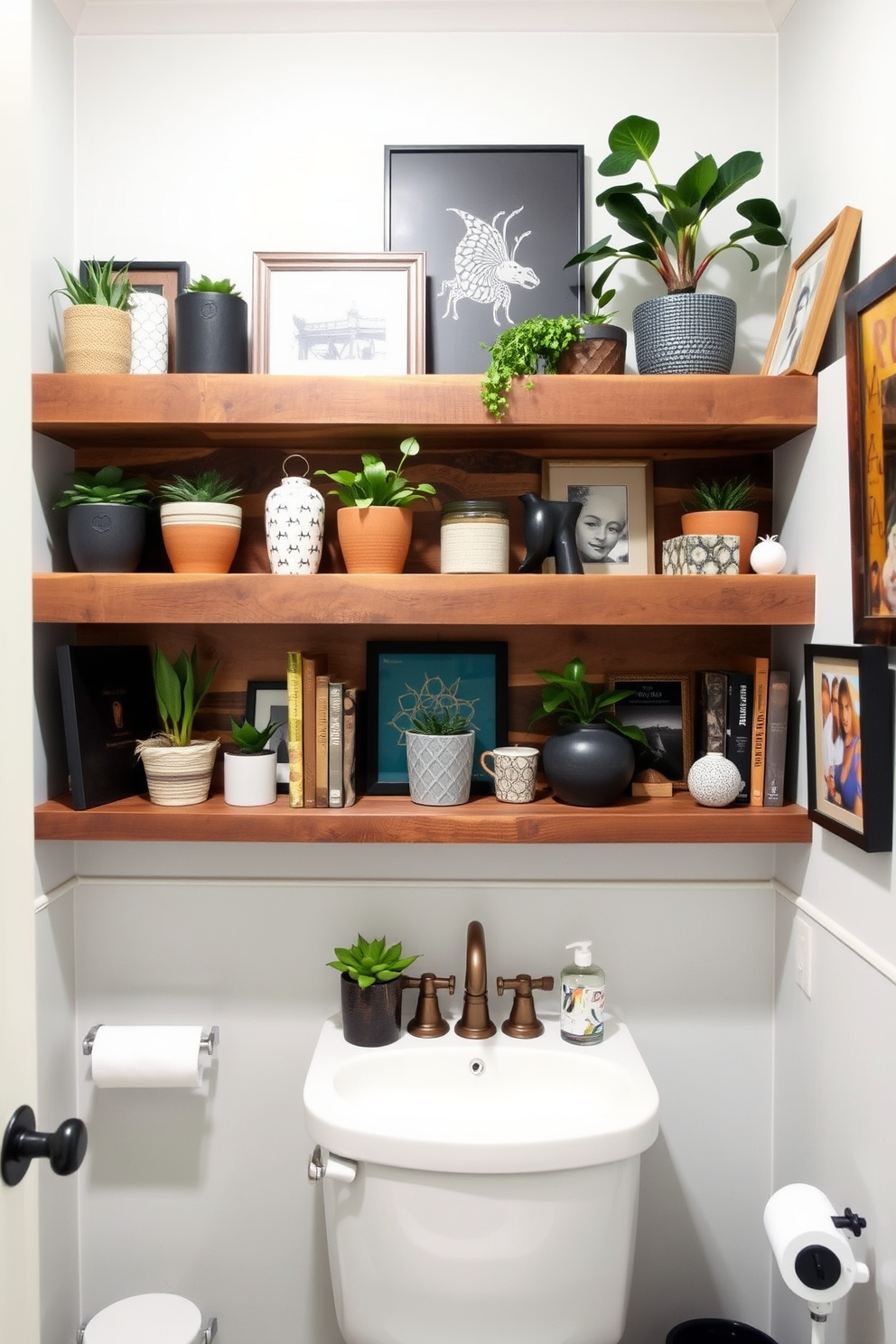 A stylish powder room featuring open shelving that showcases an array of decorative items. The shelves are made of reclaimed wood and are adorned with plants, books, and unique art pieces, creating an inviting atmosphere.