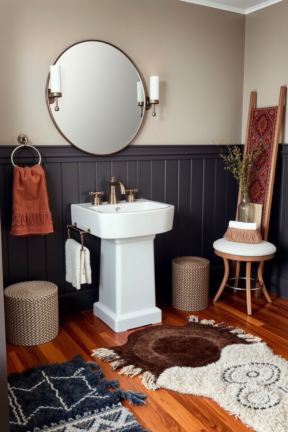 Cozy rugs in various textures and colors are layered on a warm wooden floor to create a welcoming atmosphere. The powder room features a stylish pedestal sink with elegant fixtures, complemented by a large round mirror that reflects soft ambient lighting.