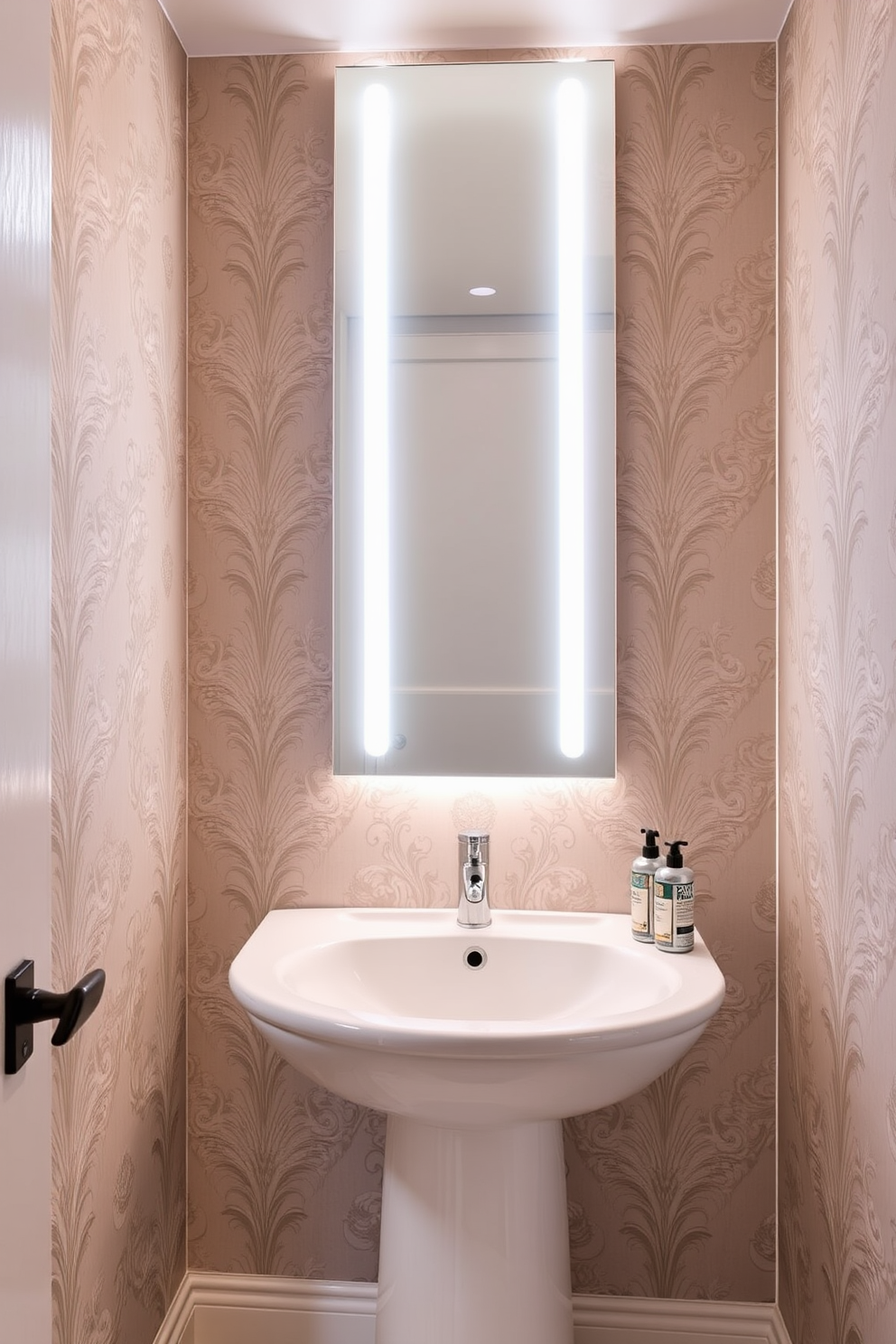 A chic powder room design featuring a sleek mirror with integrated lighting that illuminates the space beautifully. The walls are adorned with elegant wallpaper in soft tones, complemented by a stylish pedestal sink and modern fixtures.