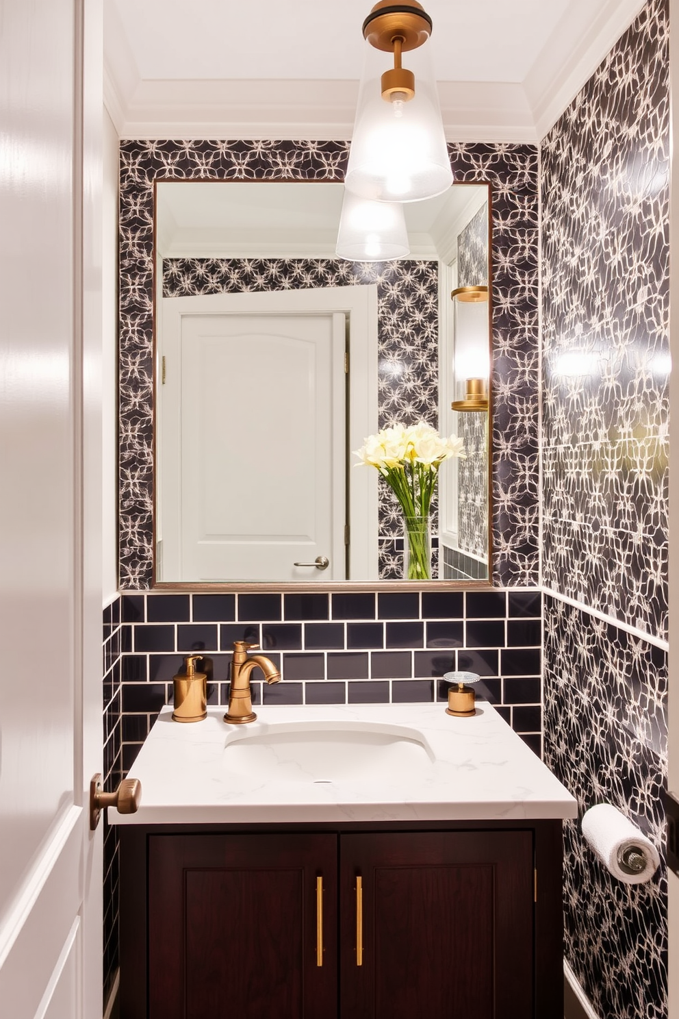 A stunning powder room featuring a bold tile backsplash that adds a striking visual interest to the space. The room is designed with elegant fixtures and a contemporary vanity that complements the vibrant tile choice.