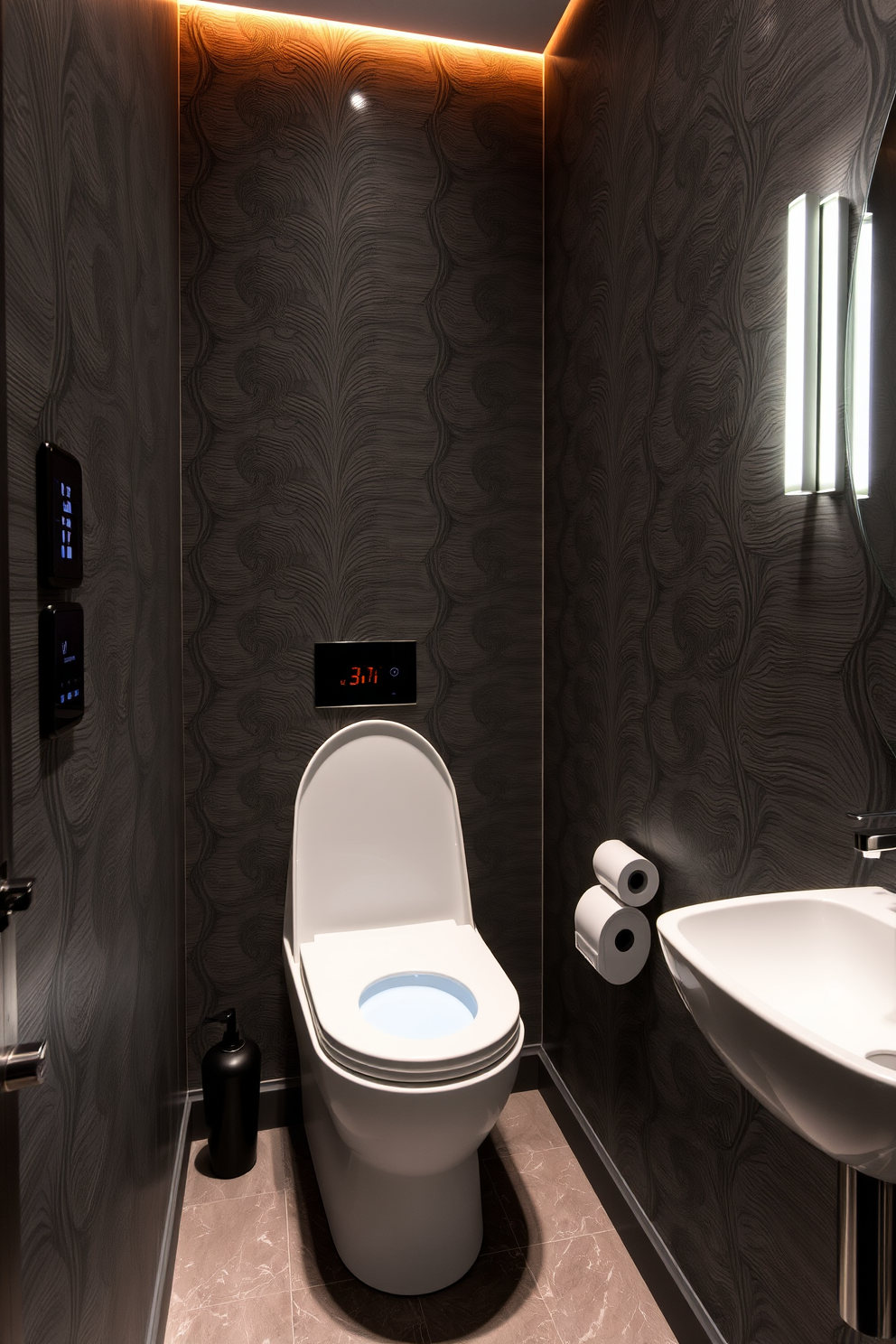 A sleek powder room featuring integrated technology for modern convenience. The room includes a smart toilet with heated seats and a touchless faucet, seamlessly blending functionality with style. The walls are adorned with elegant wallpaper that complements the high-tech fixtures. Ambient lighting is strategically placed to enhance the sophisticated atmosphere while providing practical illumination.