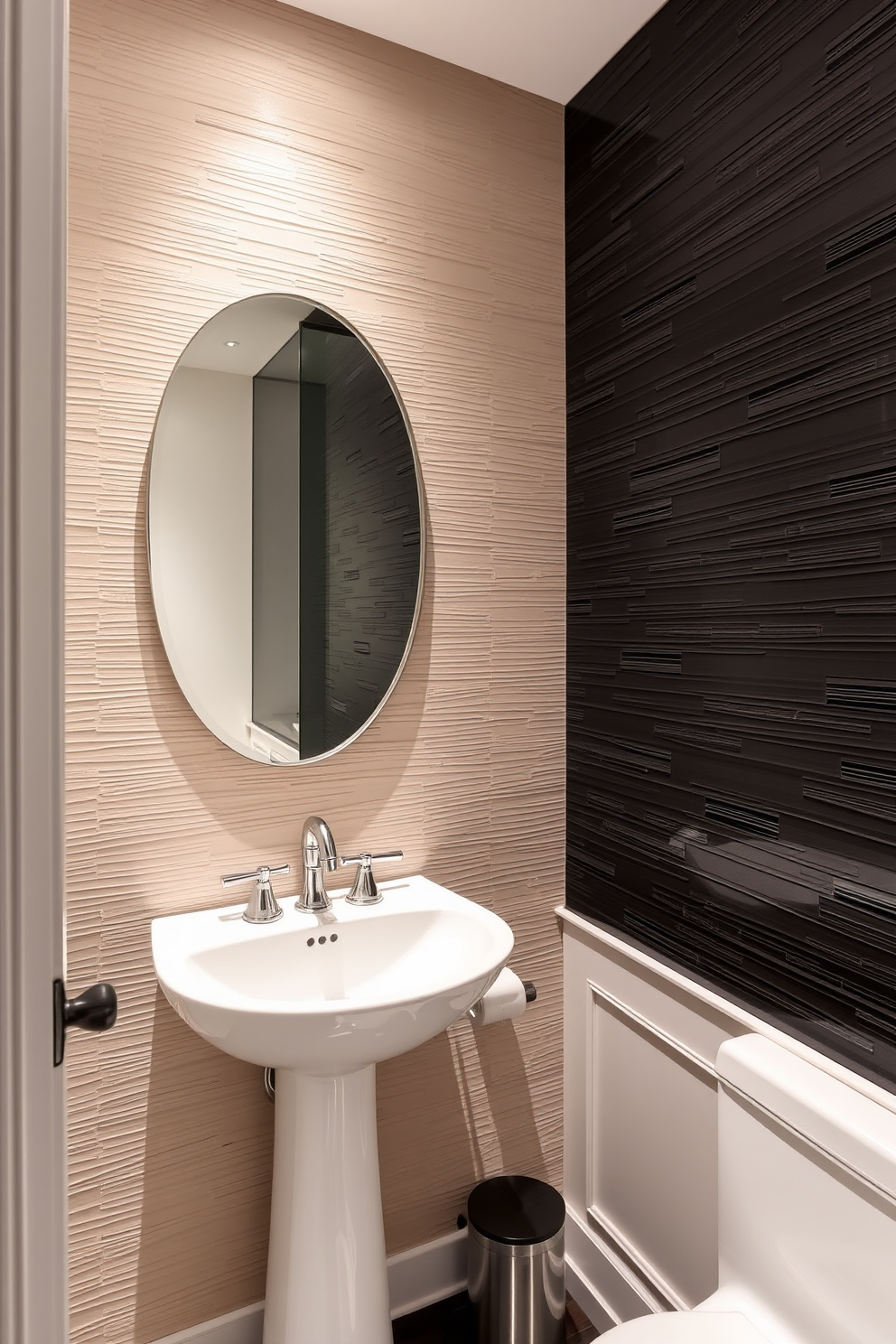 Elegant drapery cascades from the ceiling, framing a beautifully designed powder room. The fabric features intricate patterns in soft hues, adding a sense of sophistication and warmth to the space. A stylish pedestal sink stands out against the backdrop of the draped fabric, complemented by polished chrome fixtures. The walls are adorned with delicate wallpaper that enhances the overall elegance of the room.