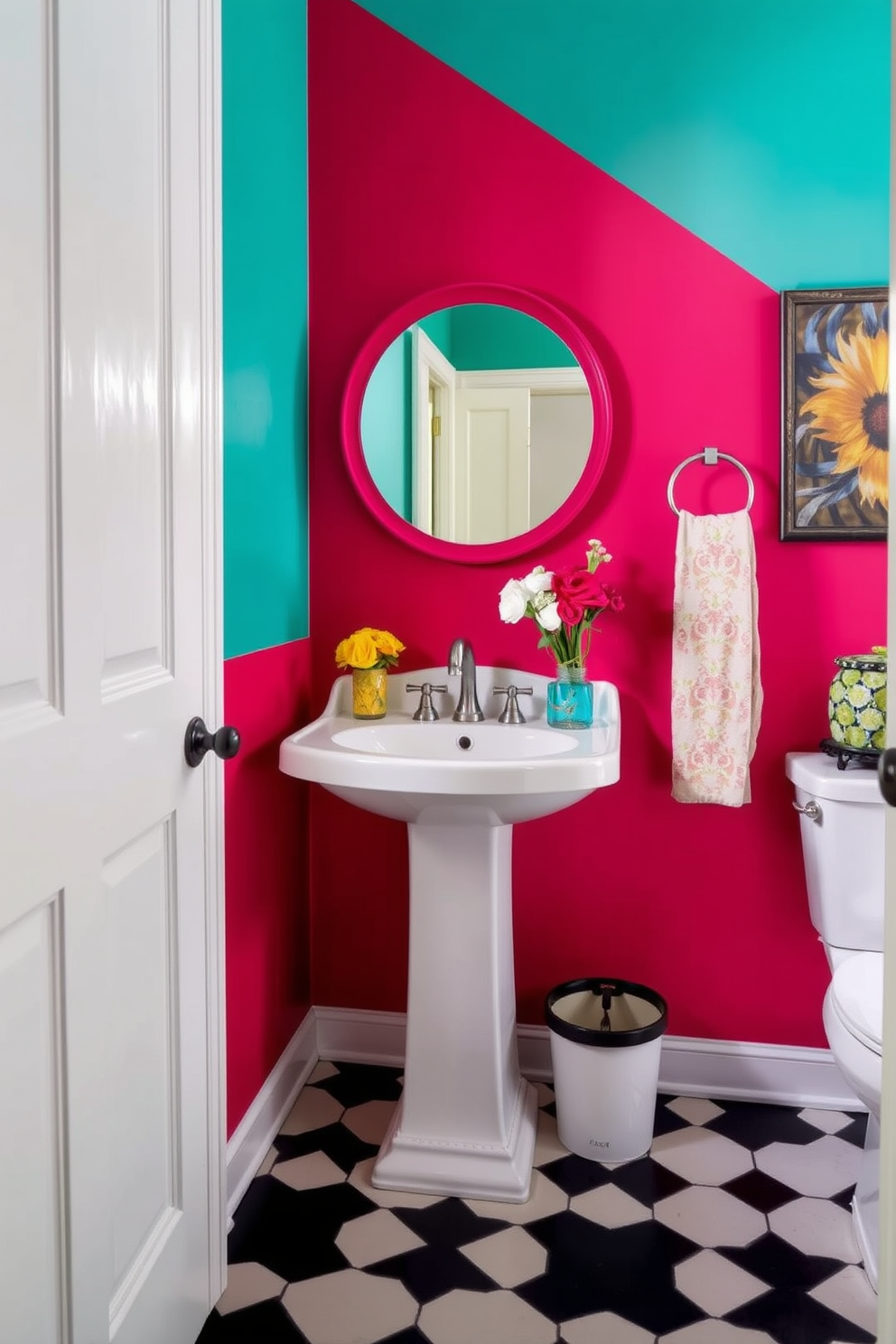 A vibrant powder room featuring a brightly colored accent wall that instantly draws attention. The space includes a sleek pedestal sink with a stylish faucet and a round mirror framed in a bold color. The flooring is a classic black and white checkerboard pattern, adding a touch of elegance. Decorative accessories, such as a colorful soap dispenser and fresh flowers, enhance the cheerful atmosphere.