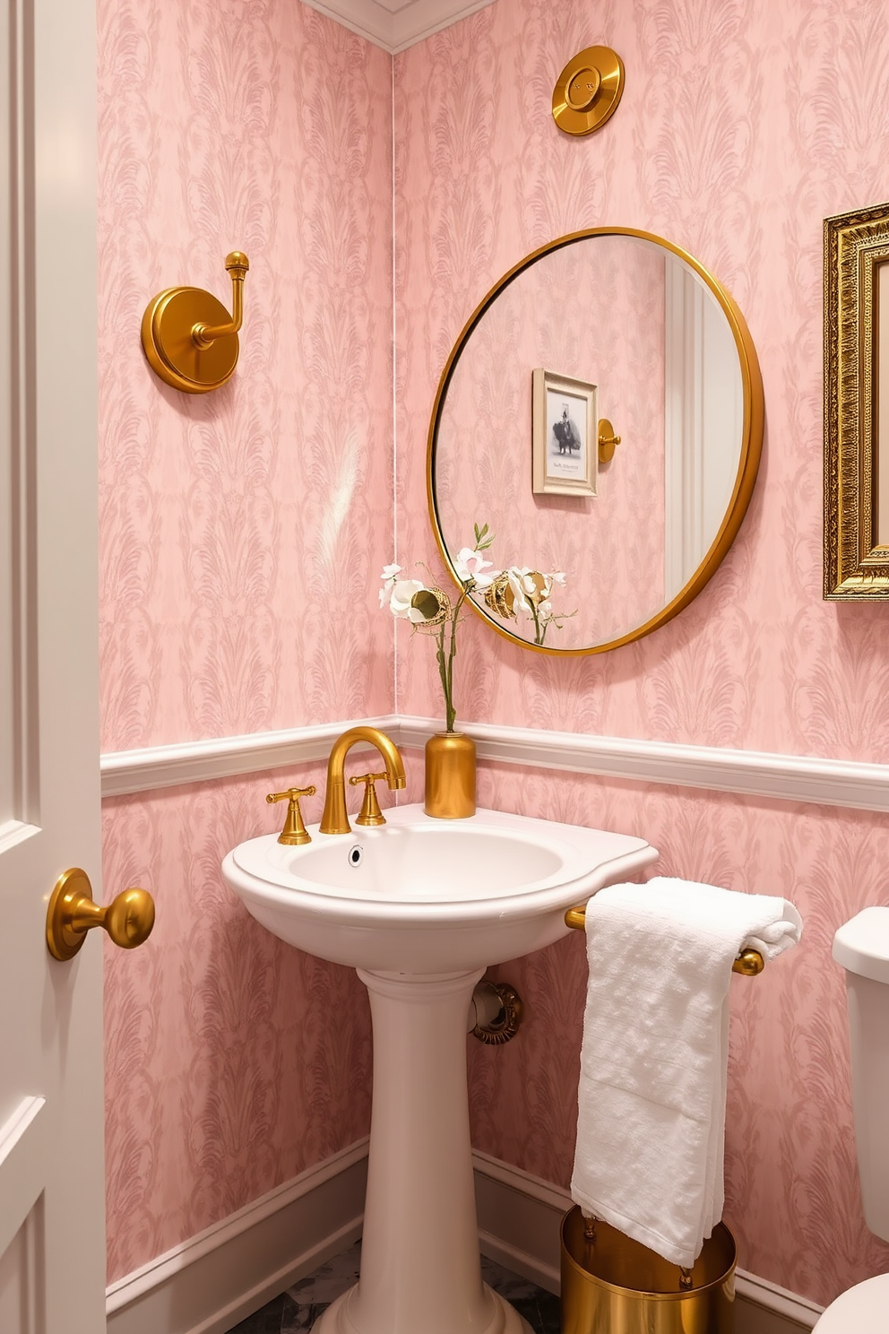 A chic powder room featuring elegant gold fixtures and accessories. The walls are adorned with a soft blush pink wallpaper that complements the luxurious gold accents throughout the space. A stylish pedestal sink is highlighted by a stunning gold faucet, while a round mirror with a gold frame adds sophistication. Decorative elements include a gold-framed art piece and a plush white towel neatly arranged on a gold towel rack.