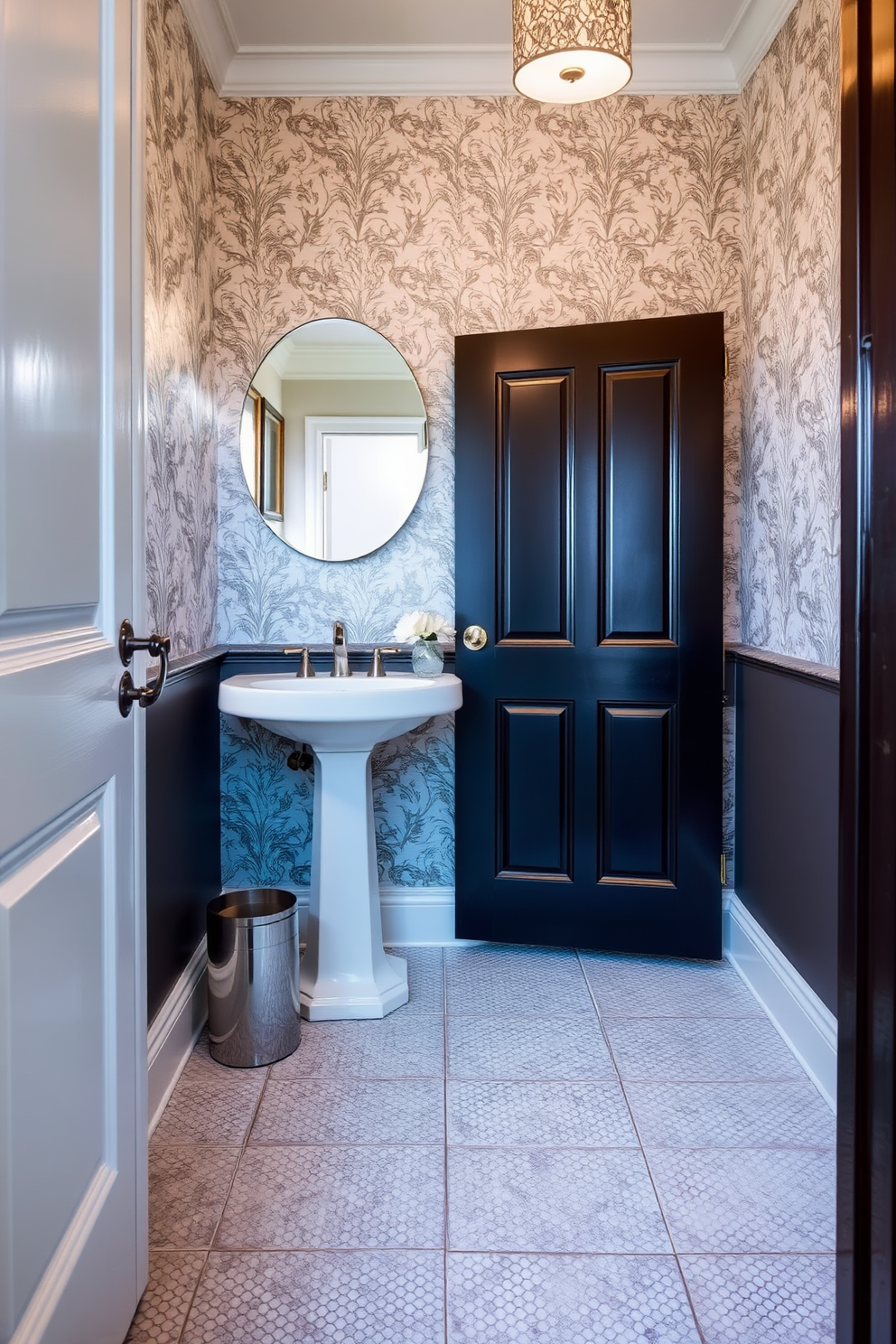 Textured tile flooring adds depth and character to a stylish powder room. The walls are adorned with elegant wallpaper, and a chic pedestal sink complements the overall design.