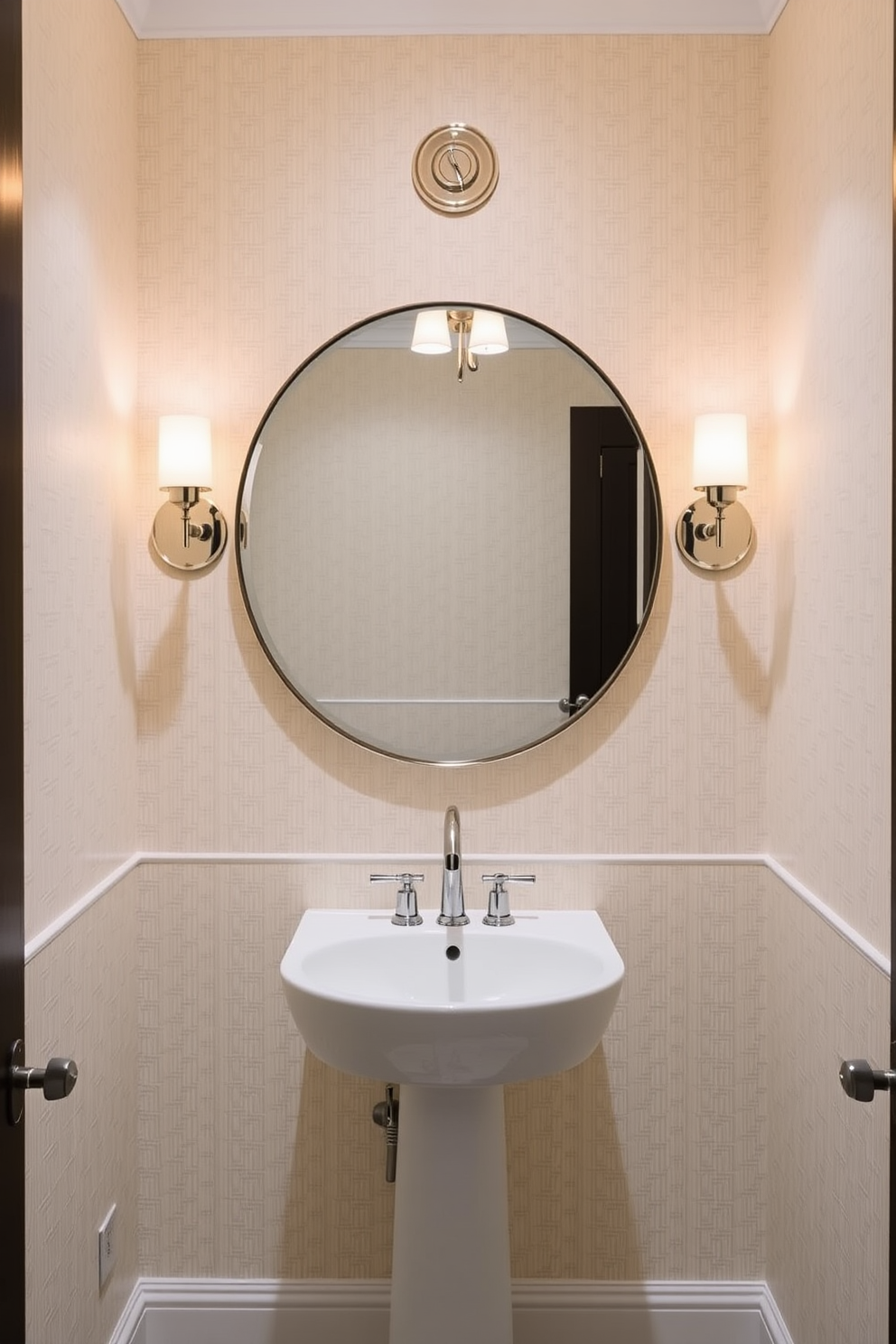 A chic powder room featuring stylish sconces that provide warm ambient lighting. The walls are adorned with a textured wallpaper in soft pastels, and a sleek pedestal sink is positioned beneath a large round mirror.