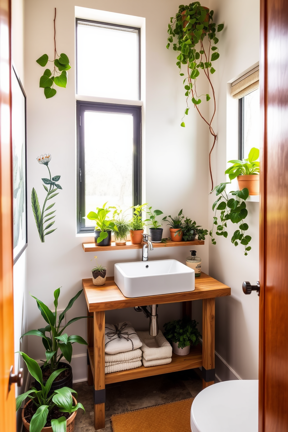 A stylish powder room featuring nature-inspired decor with an abundance of lush green plants. The walls are adorned with botanical prints, and a small wooden shelf displays various potted plants, adding a refreshing touch to the space. The vanity is made of reclaimed wood and topped with a sleek white sink. Natural light filters in through a frosted window, illuminating the earthy tones and creating a serene atmosphere.