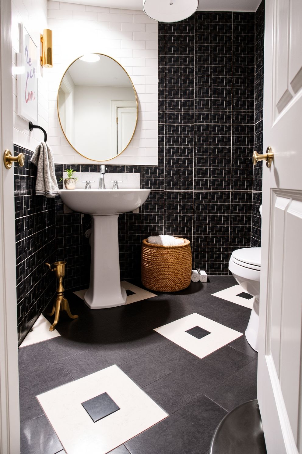 A stylish powder room featuring bold geometric patterns on the floor that create a striking visual interest. The tiles are arranged in a dynamic layout, showcasing a mix of colors that complement the overall decor.