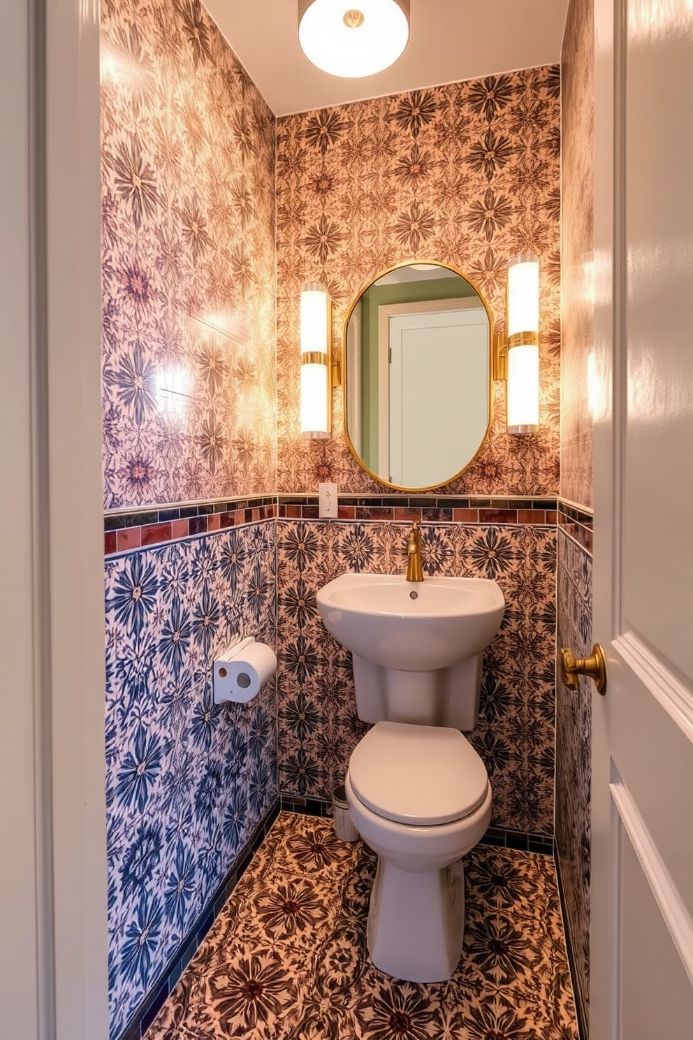 A stylish powder room featuring intricate patterned tiles that add artistic flair to the space. The tiles are arranged in a captivating design, creating a vibrant and inviting atmosphere.