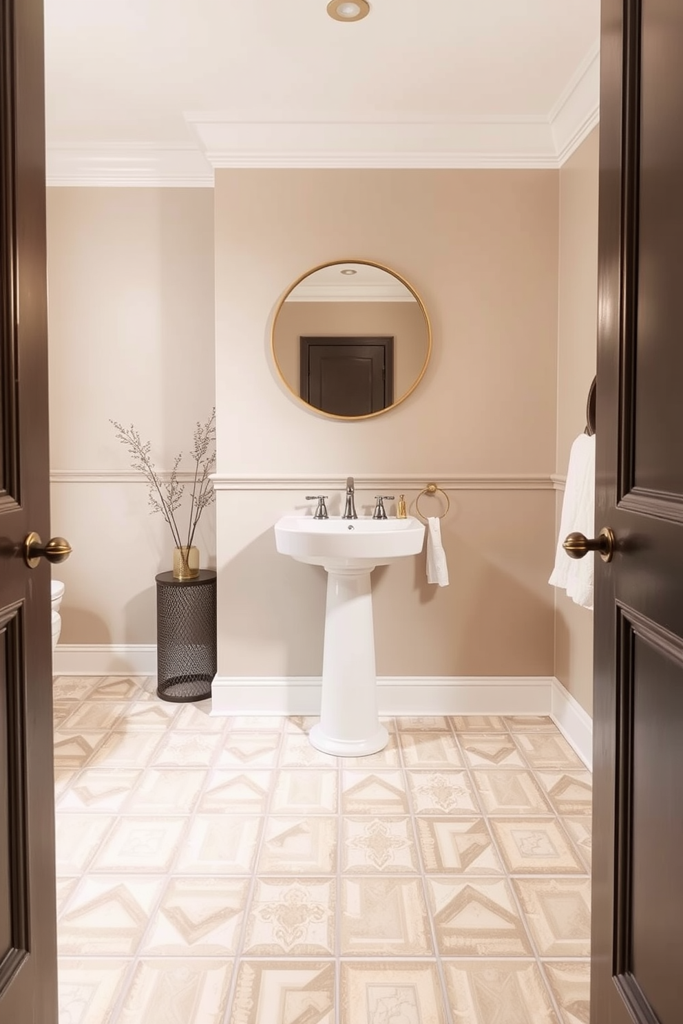 A luxurious powder room featuring elegant marble tiles that create a sophisticated atmosphere. The floor is adorned with an intricate pattern of polished marble in soft white and grey tones, reflecting light beautifully. The walls are painted in a soft, complementary color that enhances the marble's beauty. A sleek, modern pedestal sink sits in the corner, with a stylish mirror above it that adds to the room's elegance.