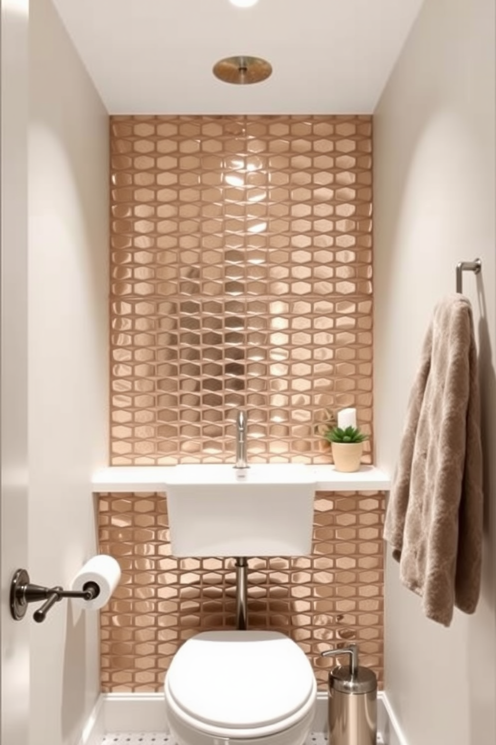 A chic powder room featuring metallic tiles that reflect light and add a touch of glamour to the space. The walls are painted in a soft neutral shade, creating a perfect backdrop for the stunning tile work.