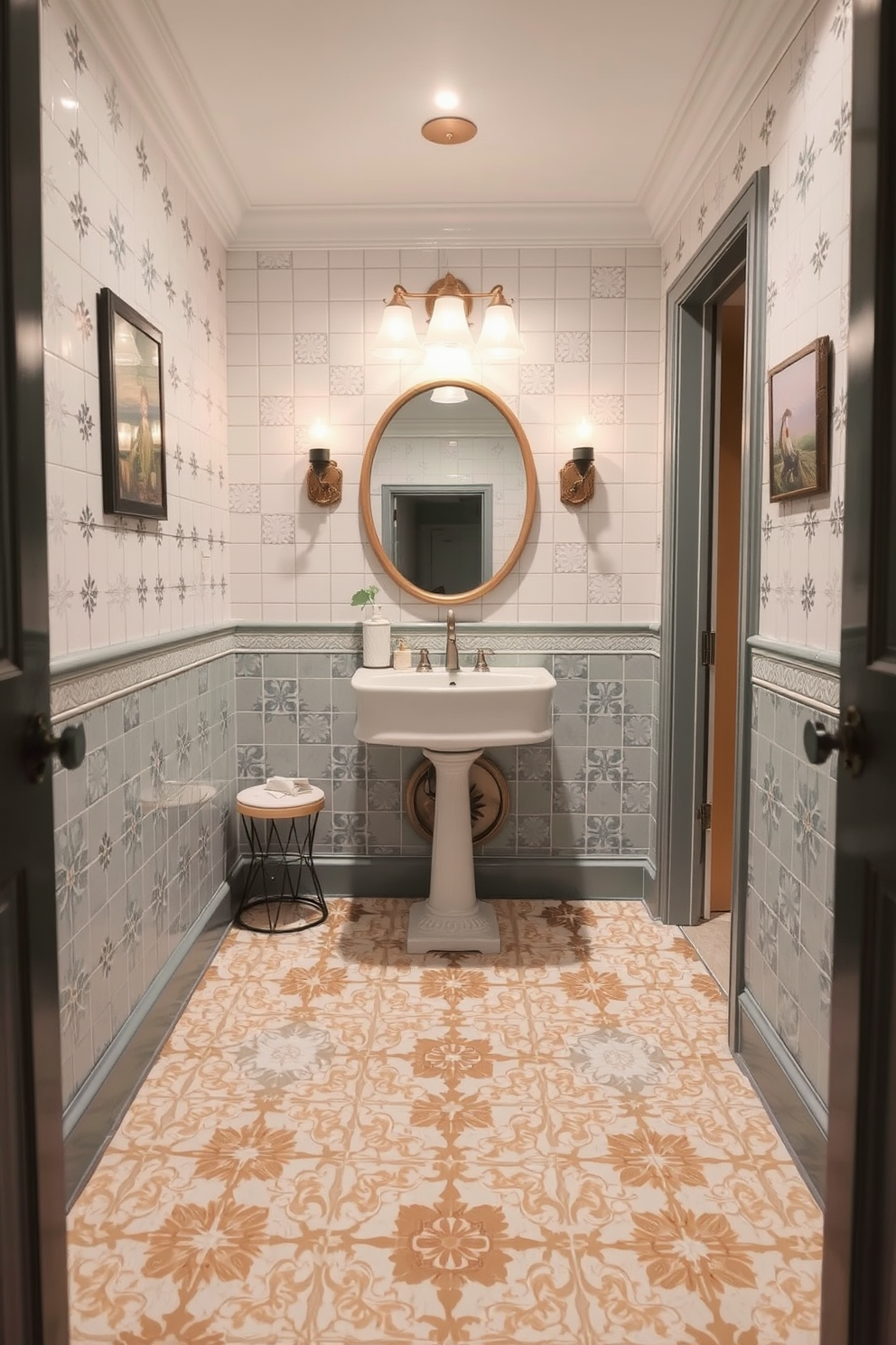 A serene powder room featuring neutral tones that create a calming atmosphere. The walls are painted in a soft beige, complemented by a light gray vanity with a white sink. The floor showcases an intricate tile design in varying shades of cream and taupe. A round mirror with a simple wooden frame hangs above the vanity, enhancing the tranquil feel of the space.