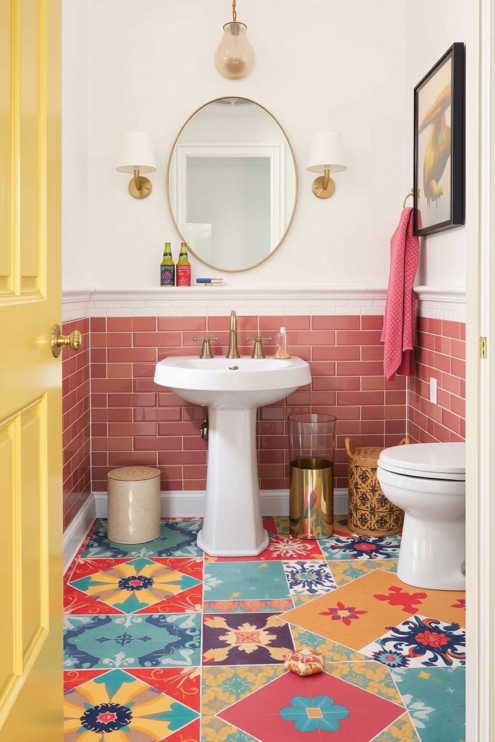 Bright colored tiles create a vibrant and playful atmosphere in the powder room. The floor features an eclectic mix of geometric patterns and bold hues, inviting creativity and fun into the space. The walls are adorned with soft white paint to balance the lively floor design. A sleek, modern pedestal sink complements the tiles, while stylish accessories enhance the cheerful vibe.