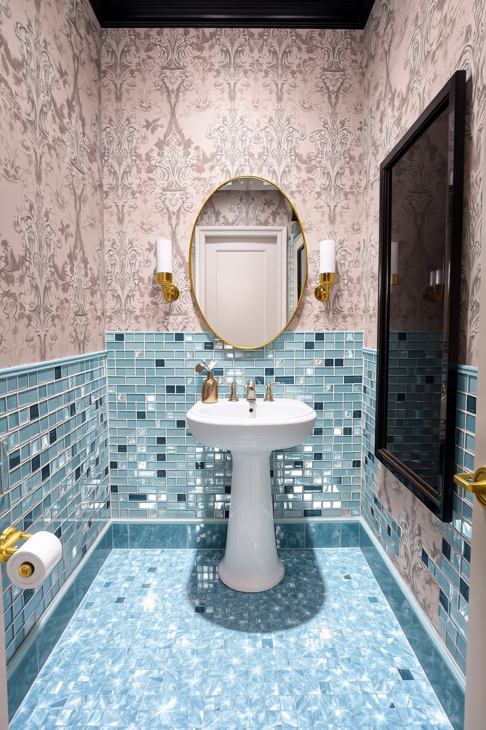 A chic powder room featuring metallic tiles that reflect light and add a modern edge. The walls are painted in a soft white, creating a striking contrast with the shimmering floor tiles. A sleek pedestal sink is positioned against the wall, complemented by a minimalist faucet in brushed nickel. Above the sink, a round mirror with a thin metallic frame enhances the contemporary aesthetic of the space.