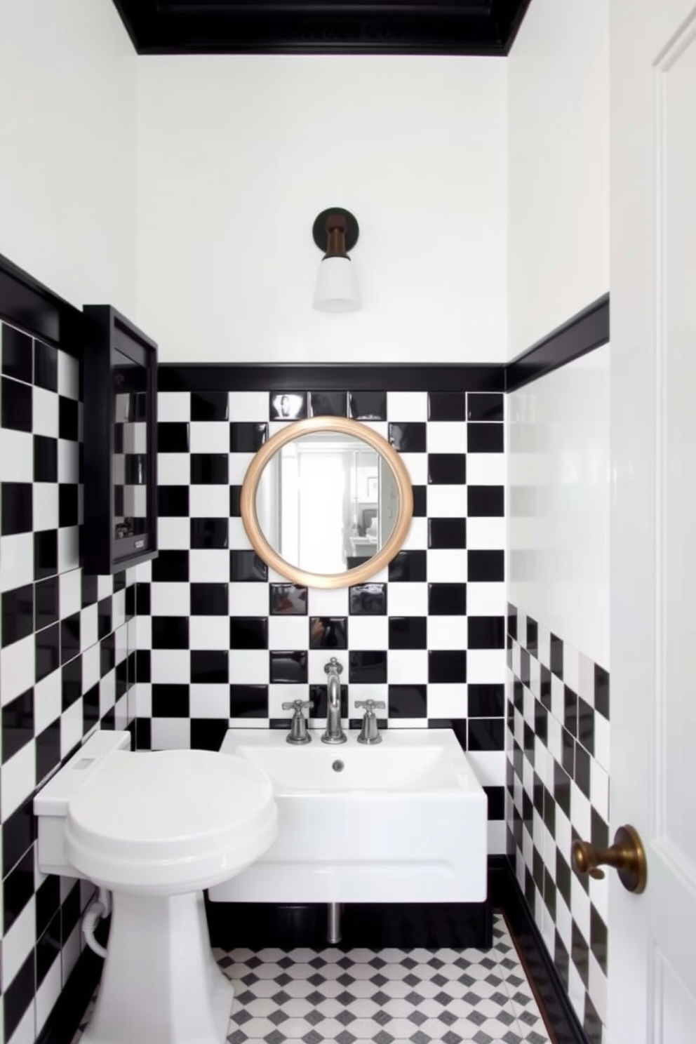 A stylish powder room featuring classic black and white checkerboard tiles that create a timeless and elegant look. The walls are adorned with crisp white wainscoting, and a sleek pedestal sink sits against the backdrop of a bold black accent wall.