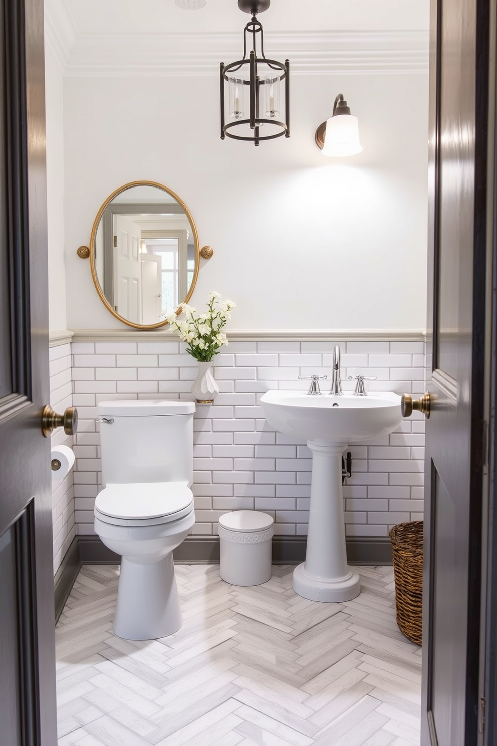 Create a powder room featuring a herringbone tile layout that exudes classic appeal. The floor is adorned with elegant white and gray tiles arranged in a herringbone pattern, complemented by soft lighting that enhances the room's charm.