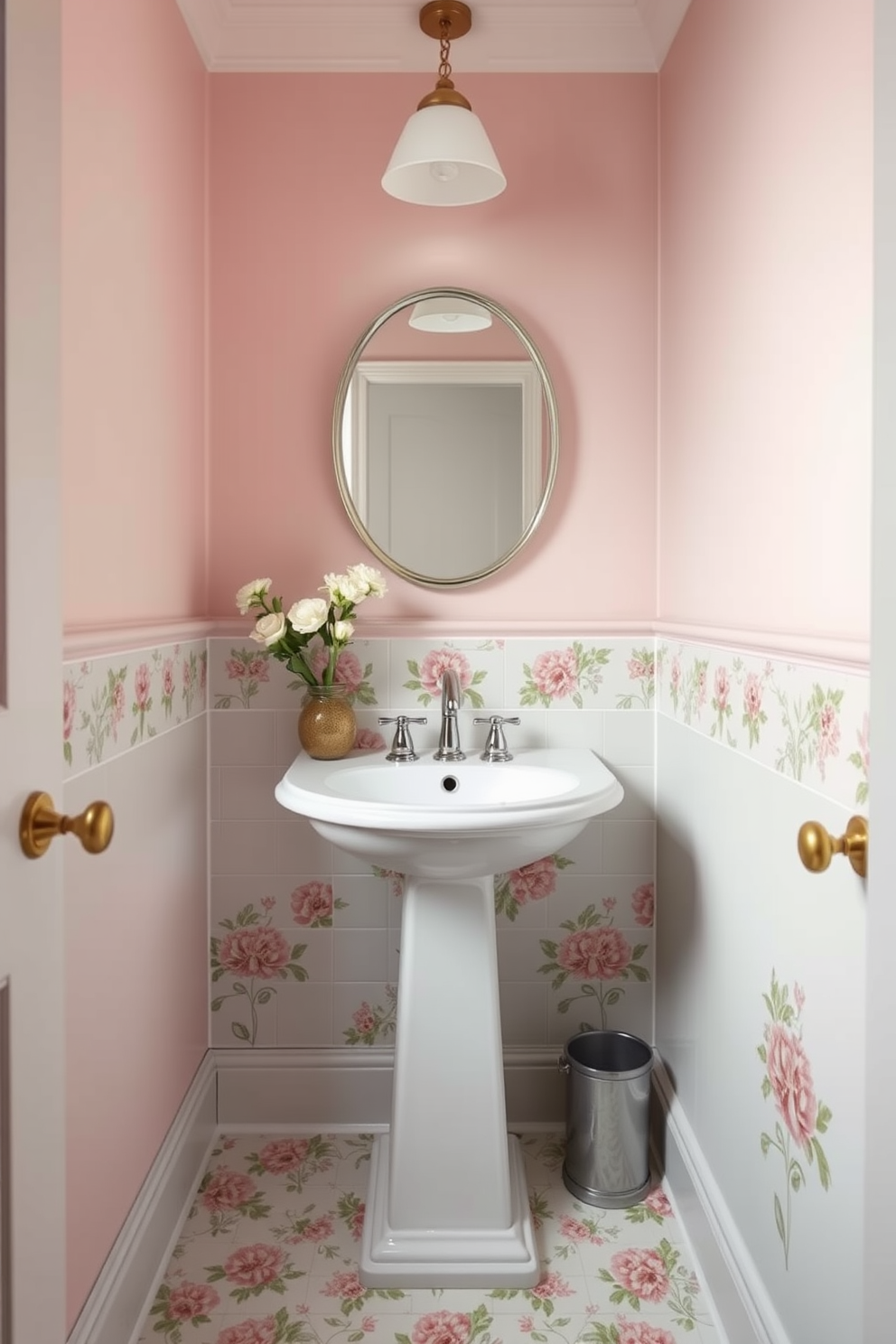 A charming powder room featuring floral patterned tiles that add a feminine touch. The walls are painted in soft pastels, enhancing the delicate design of the tiles while complementing a sleek white pedestal sink.