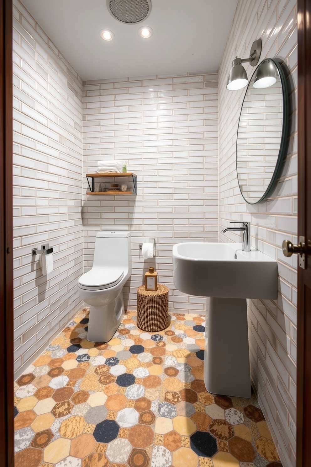 A powder room featuring a stunning floor design with color gradient tiles that create a soft transition from light to dark hues. The tiles are arranged in a seamless pattern, enhancing the room's elegance and providing a contemporary touch.