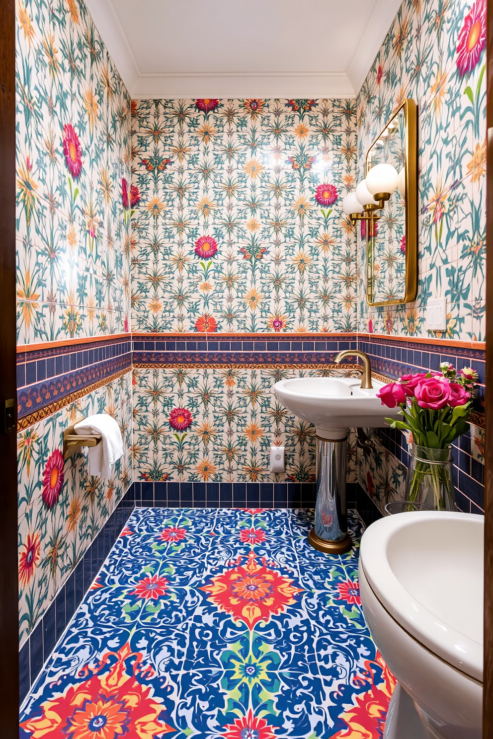 Art deco inspired tiles create a stunning vintage flair in the powder room. The intricate geometric patterns and bold colors elevate the space while adding a touch of elegance. The floor design features a mix of black and gold tiles arranged in a captivating motif. This luxurious combination enhances the overall aesthetic, making the powder room a statement area in the home.