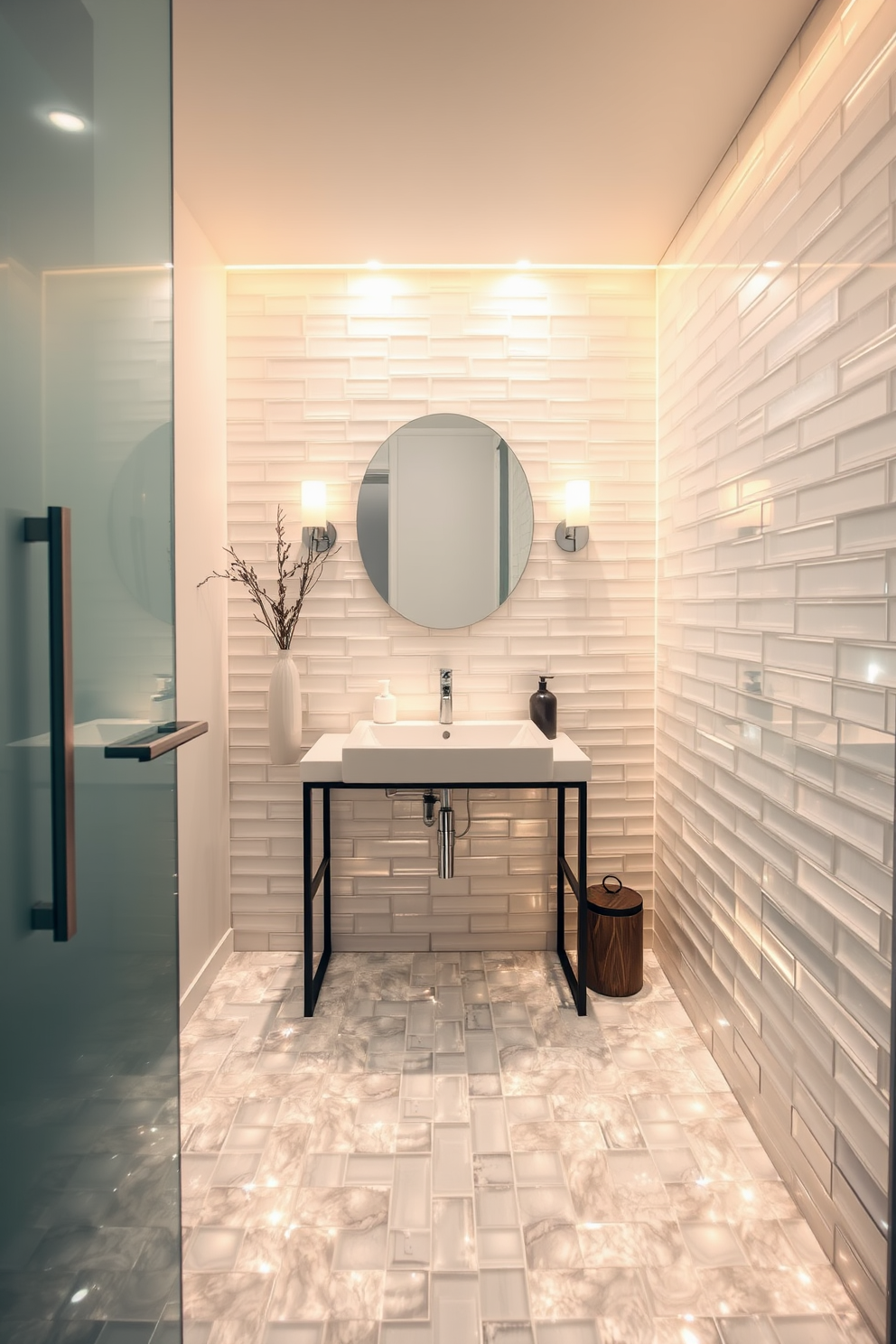 A stylish powder room featuring translucent tiles that create a layered lighting effect. The walls are adorned with soft neutral tones, enhancing the glow from the strategically placed light fixtures. The floor showcases an intricate pattern of translucent tiles that reflect light beautifully. A sleek, modern sink is centered in the room, complemented by elegant fixtures and minimalistic decor.