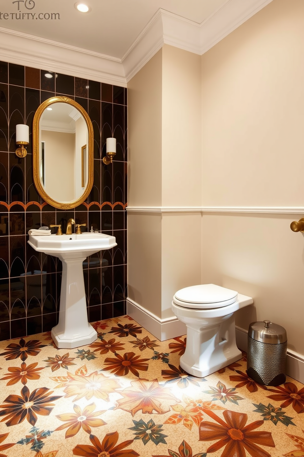 A stunning powder room featuring intricate inlays that create a captivating visual effect on the floor. The tiles are arranged in a geometric pattern, combining rich colors and textures to enhance the artistic detail of the space.