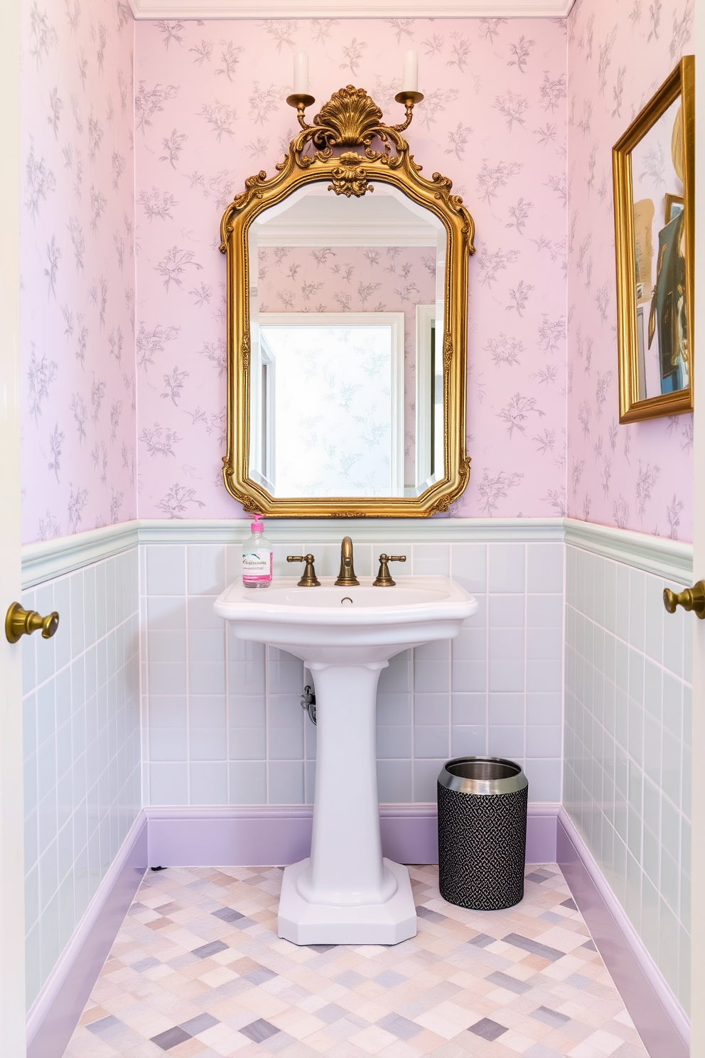 A serene powder room featuring soft pastel tiles in shades of lavender and mint green. The walls are adorned with subtle floral wallpaper, creating a calming and inviting atmosphere. The floor showcases a delicate mosaic pattern of pastel tiles, harmonizing beautifully with the overall color scheme. A sleek white pedestal sink is complemented by a vintage-style mirror with a brushed gold frame, enhancing the elegant design.