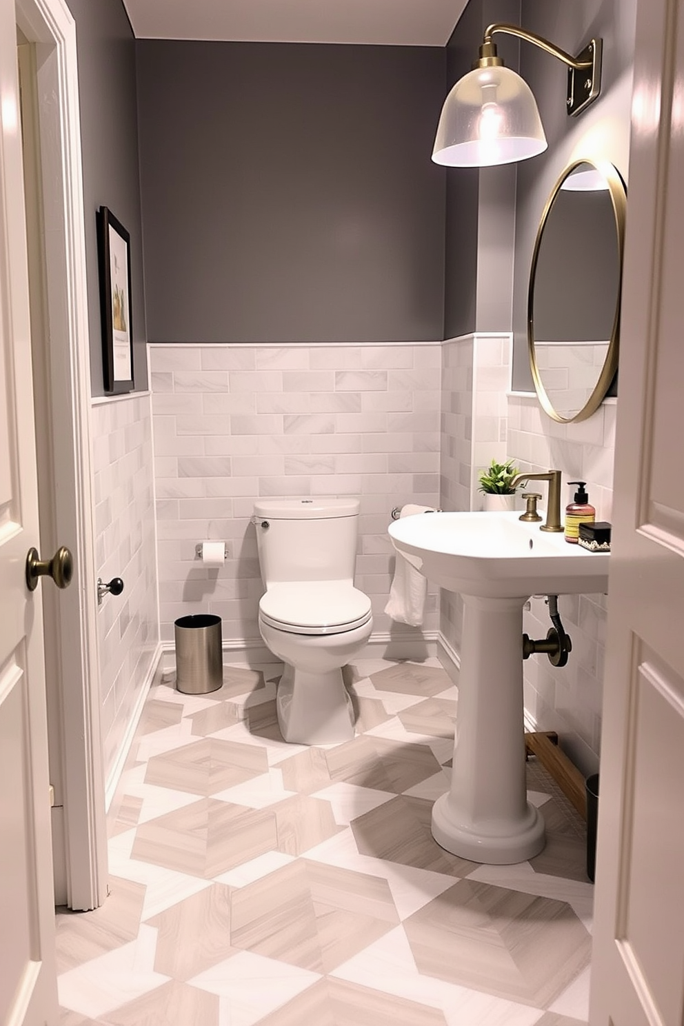 A stylish powder room featuring sustainable bamboo flooring that adds warmth and eco-friendliness to the space. The walls are adorned with elegant tile designs, incorporating natural colors and textures to create a serene atmosphere.