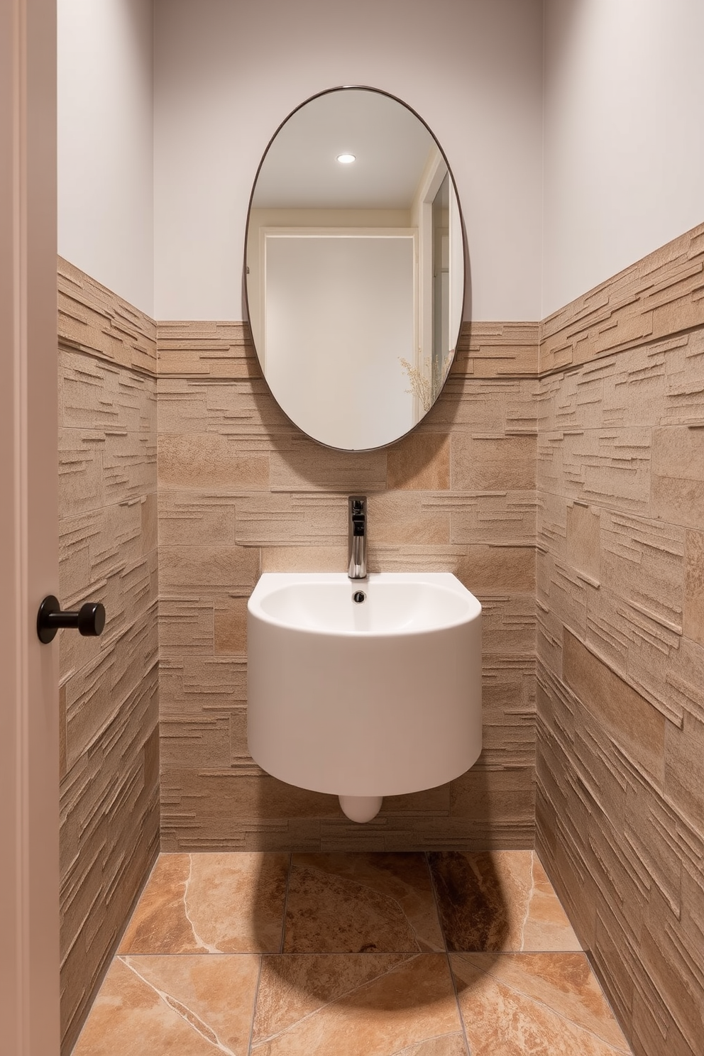 A stylish powder room featuring textured tiles that create a warm and inviting atmosphere. The floor is adorned with a mix of earthy tones and intricate patterns that enhance the overall design aesthetic.