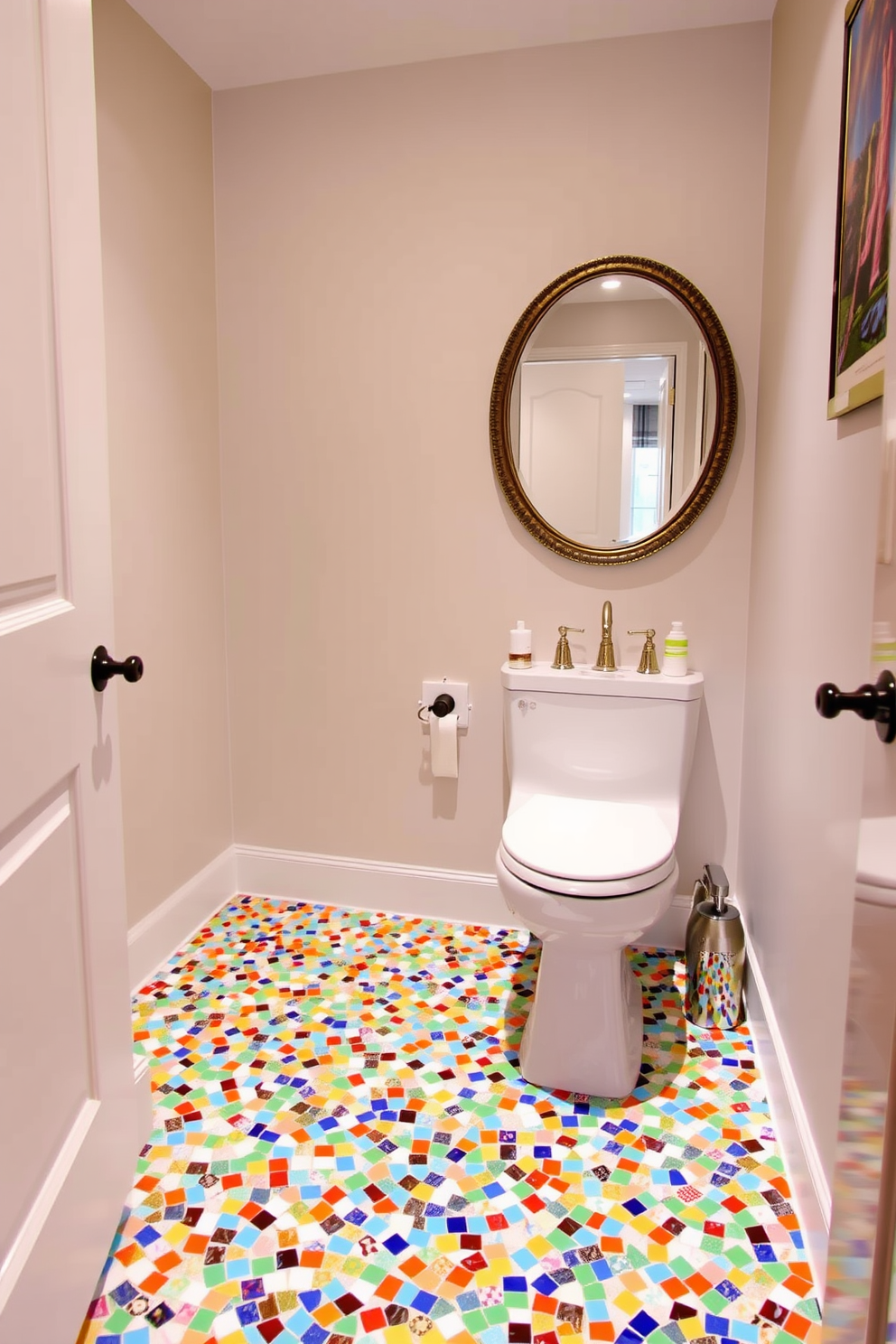 A stunning powder room featuring intricate mosaic tiles in a vibrant array of colors. The floor showcases a unique pattern that combines geometric shapes and floral motifs, creating an eye-catching focal point. The walls are adorned with elegant wainscoting painted in a soft white hue, contrasting beautifully with the colorful tiles below. A sleek pedestal sink sits in the corner, complemented by a stylish wall-mounted mirror that reflects the room's charm.