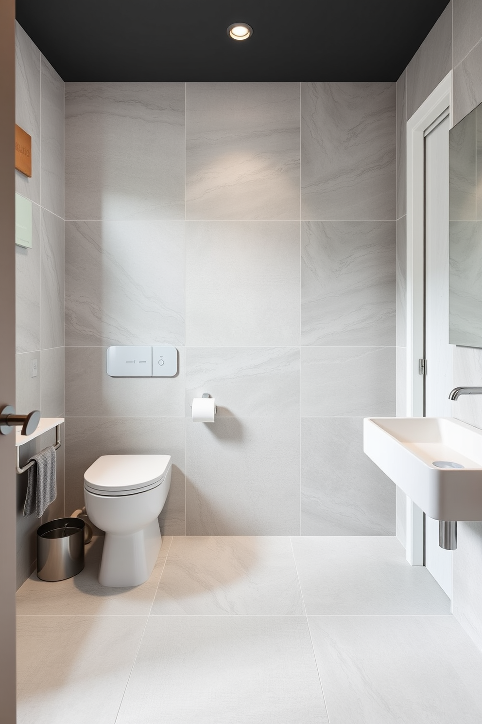 A stylish powder room featuring natural stone elements that create an organic ambiance. The floor is adorned with large format tiles in earthy tones, seamlessly blending with the surrounding decor. The walls are accented with textured stone panels that add depth and sophistication. A modern pedestal sink sits elegantly on the polished stone floor, complemented by minimalist fixtures in matte black.