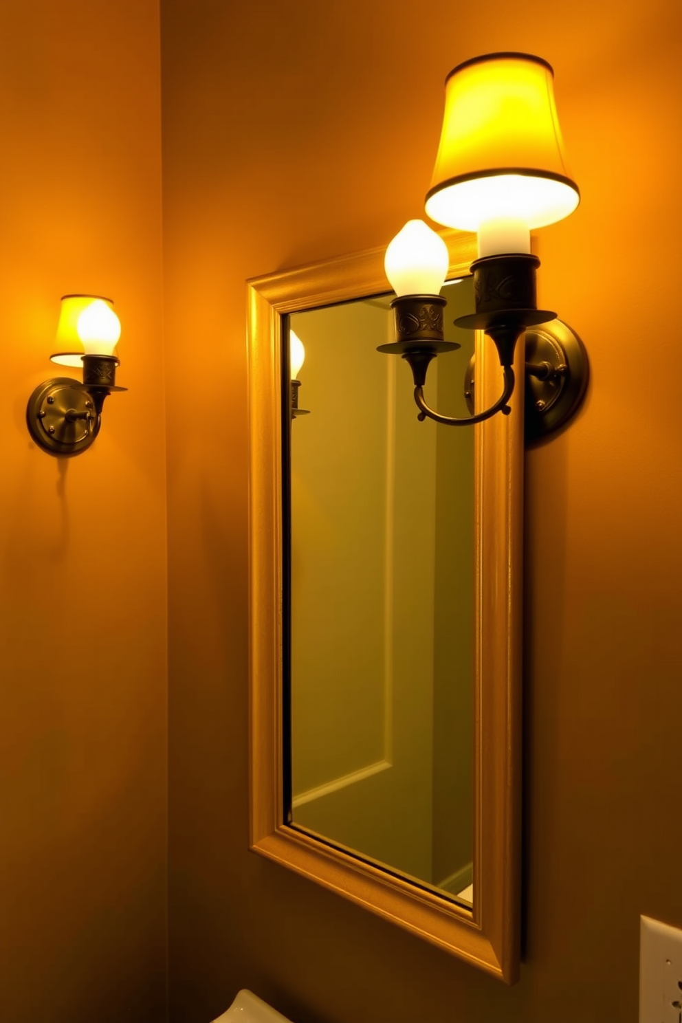 Elegant wall sconces flanking the mirror create a warm and inviting ambiance in the powder room. The sconces feature intricate designs with soft, diffused lighting that enhances the overall decor. The walls are painted in a soft ivory hue, complementing the elegant fixtures. A stylish, minimalist sink with a polished chrome faucet sits beneath the mirror, adding to the sophisticated atmosphere.