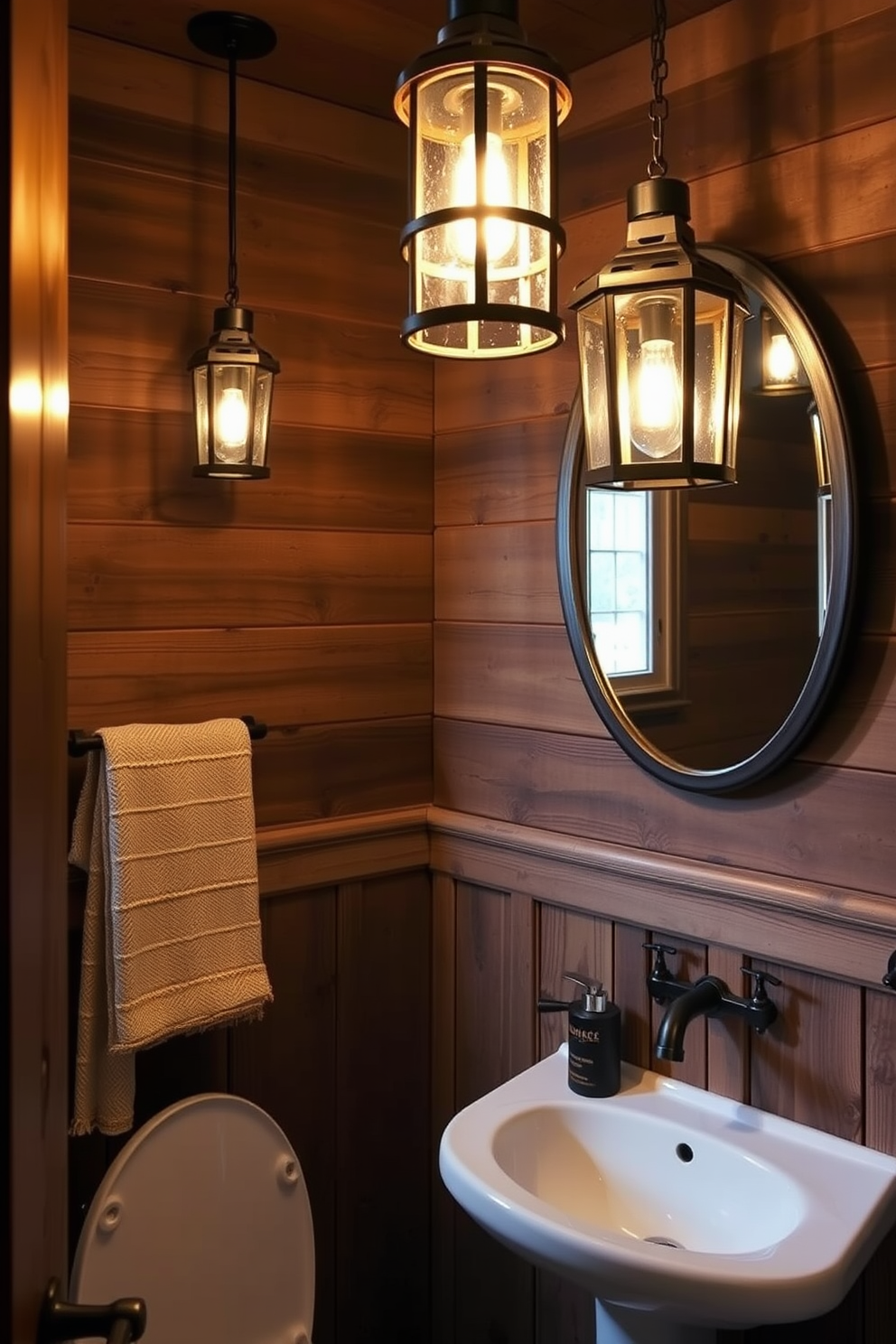 A warm and inviting powder room features rustic lanterns hanging from the ceiling, casting a soft glow throughout the space. The walls are adorned with reclaimed wood panels, enhancing the cozy atmosphere and complementing the vintage fixtures.