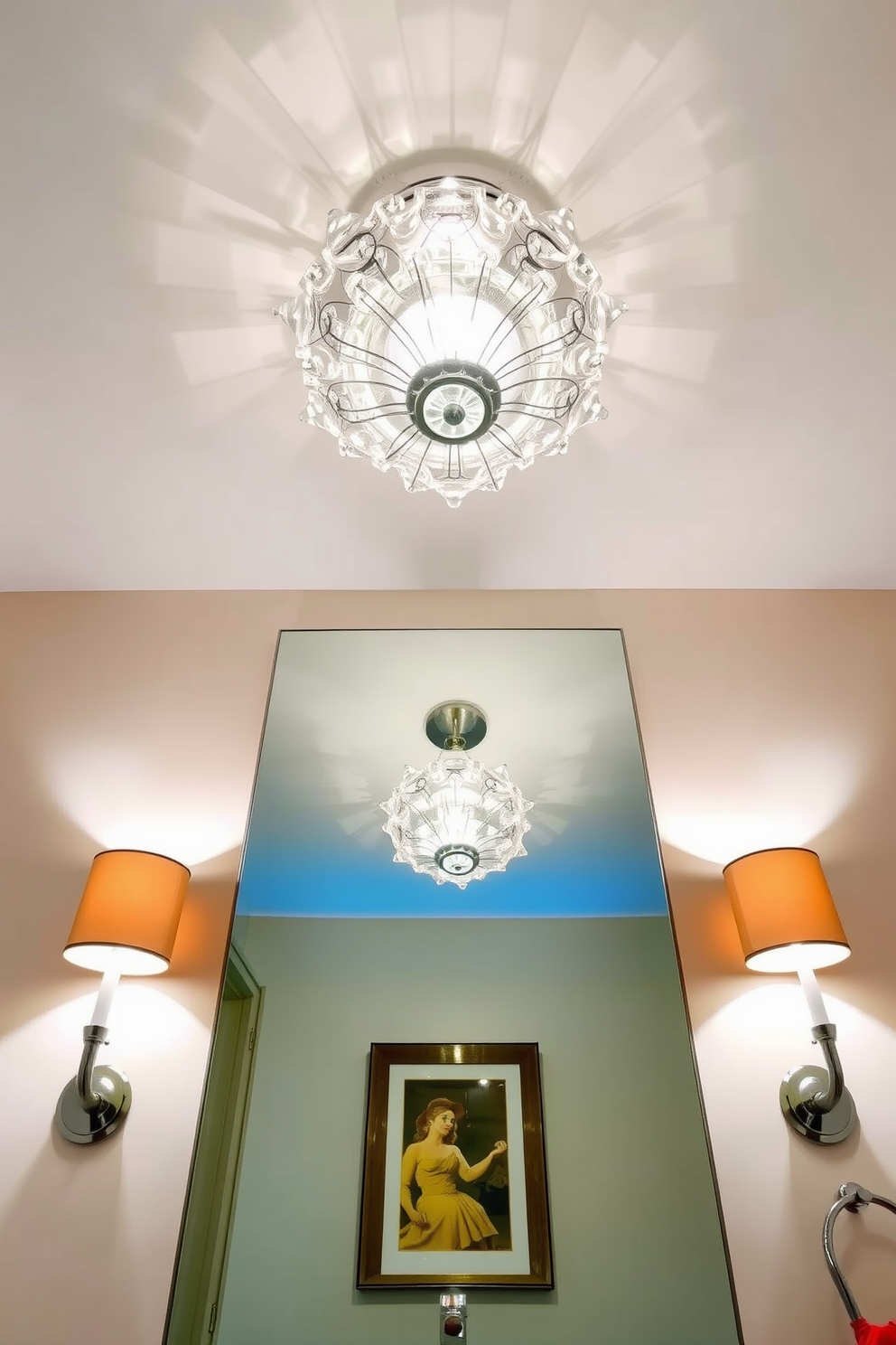 Artistic ceiling fixtures create a stunning focal point in the powder room, drawing attention to the unique design elements. The lighting is soft and inviting, enhancing the overall ambiance while highlighting the room's elegant features.