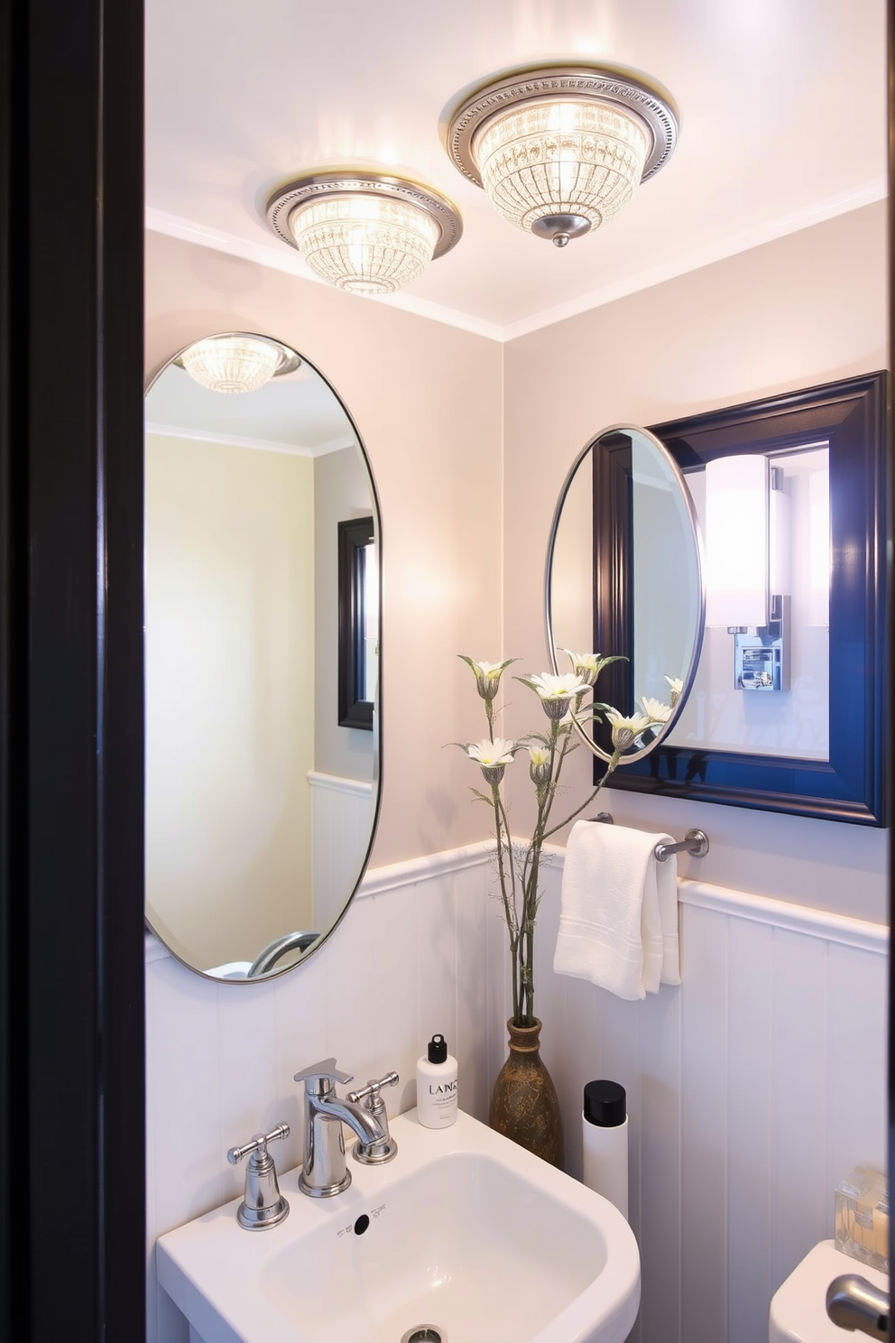 A stylish powder room features decorative flush mounts that enhance the ambiance while maintaining a low ceiling. The fixtures are elegantly designed with a blend of modern and classic elements, providing both functionality and aesthetic appeal.