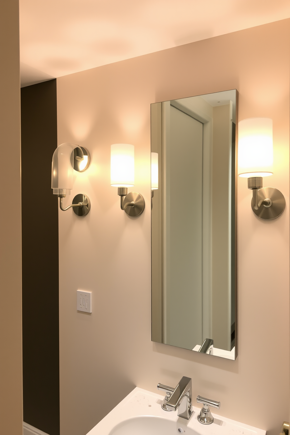 A stylish powder room featuring adjustable track lighting that allows for versatile illumination options. The lighting is strategically placed to highlight the elegant fixtures and create a warm ambiance. The walls are adorned with soft, neutral tones that complement the sleek design. A chic mirror is framed in brushed nickel, reflecting the modern aesthetic of the space.