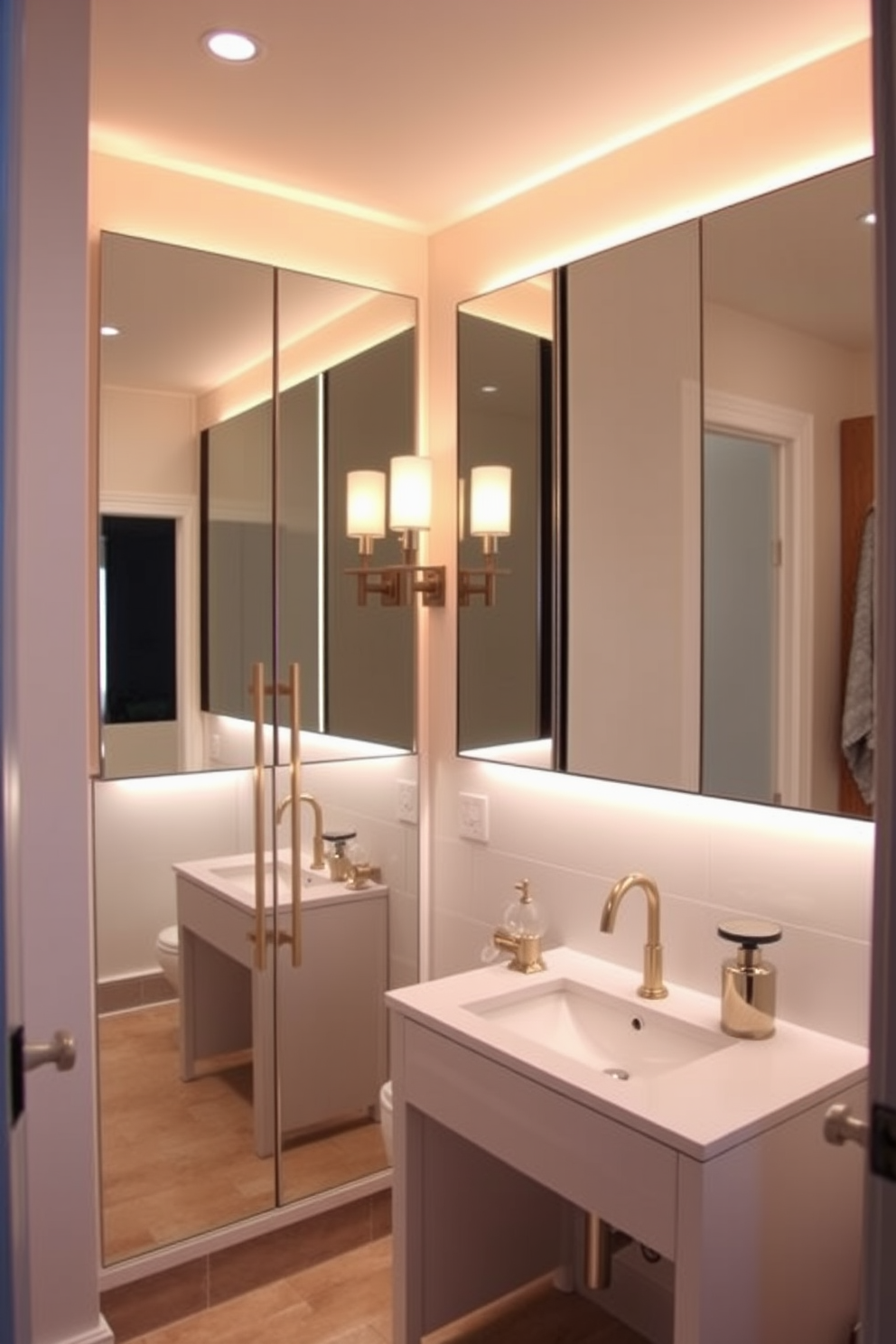 A stylish powder room featuring mirrored cabinets with integrated lighting that create a warm ambiance. The cabinets are sleek and modern, enhancing the sense of space while providing functional storage solutions. Soft, diffused lighting illuminates the room, highlighting elegant fixtures and a chic vanity. The color palette is a blend of soft neutrals and metallic accents, creating a sophisticated and inviting atmosphere.