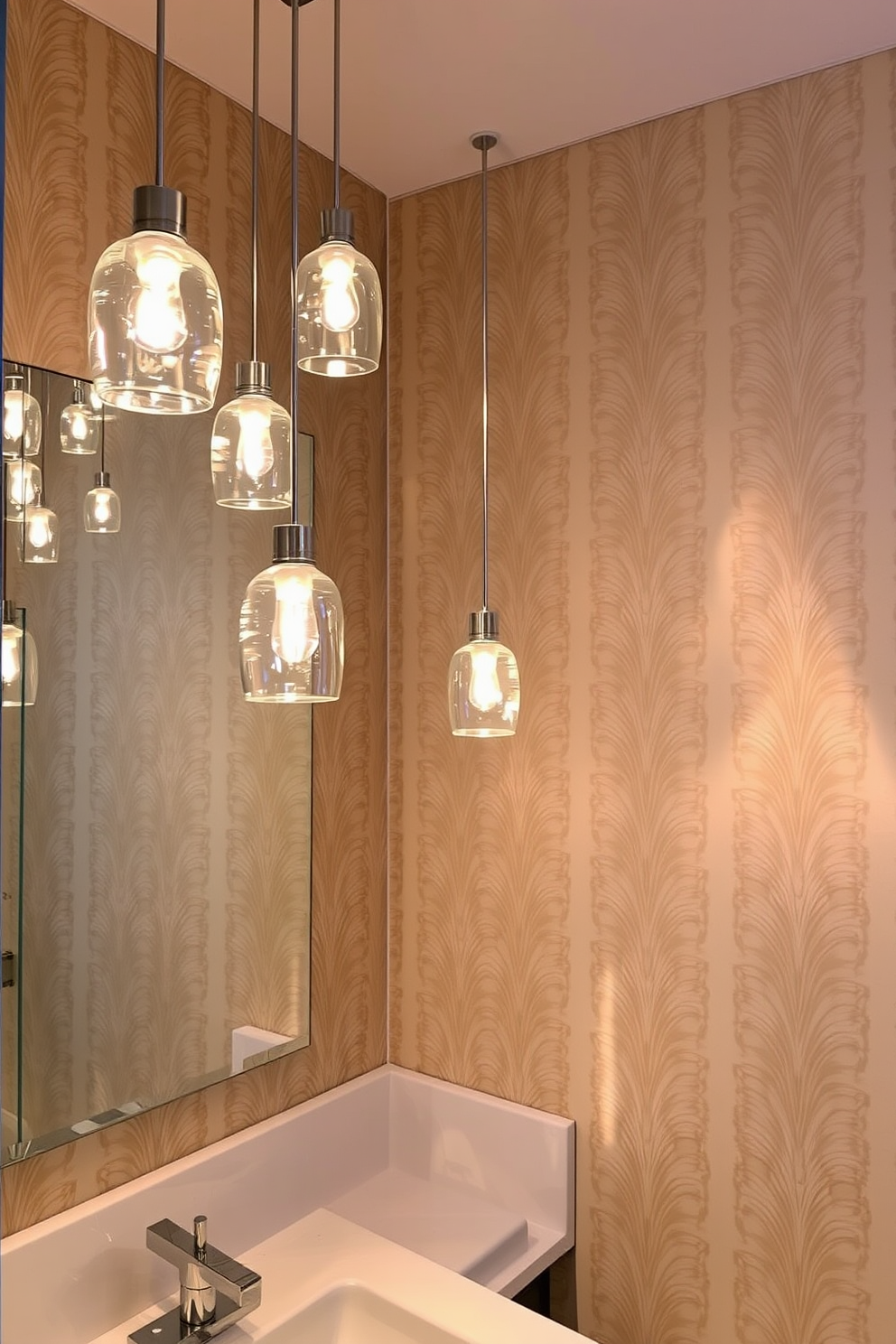 A stylish powder room featuring frosted glass shades that softly diffuse light throughout the space. The fixtures are elegantly designed, complementing the overall aesthetic while providing a warm and inviting ambiance.