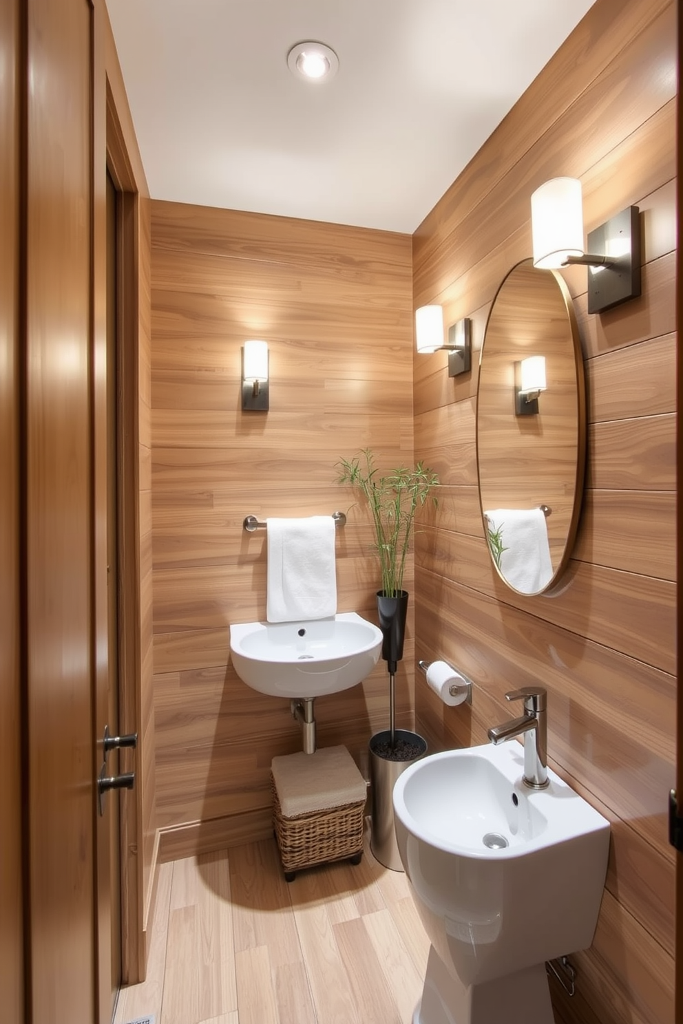 A contemporary powder room features sleek geometric pendant lights hanging gracefully from the ceiling. The lighting casts a warm glow over the space, highlighting the modern fixtures and clean lines of the design.