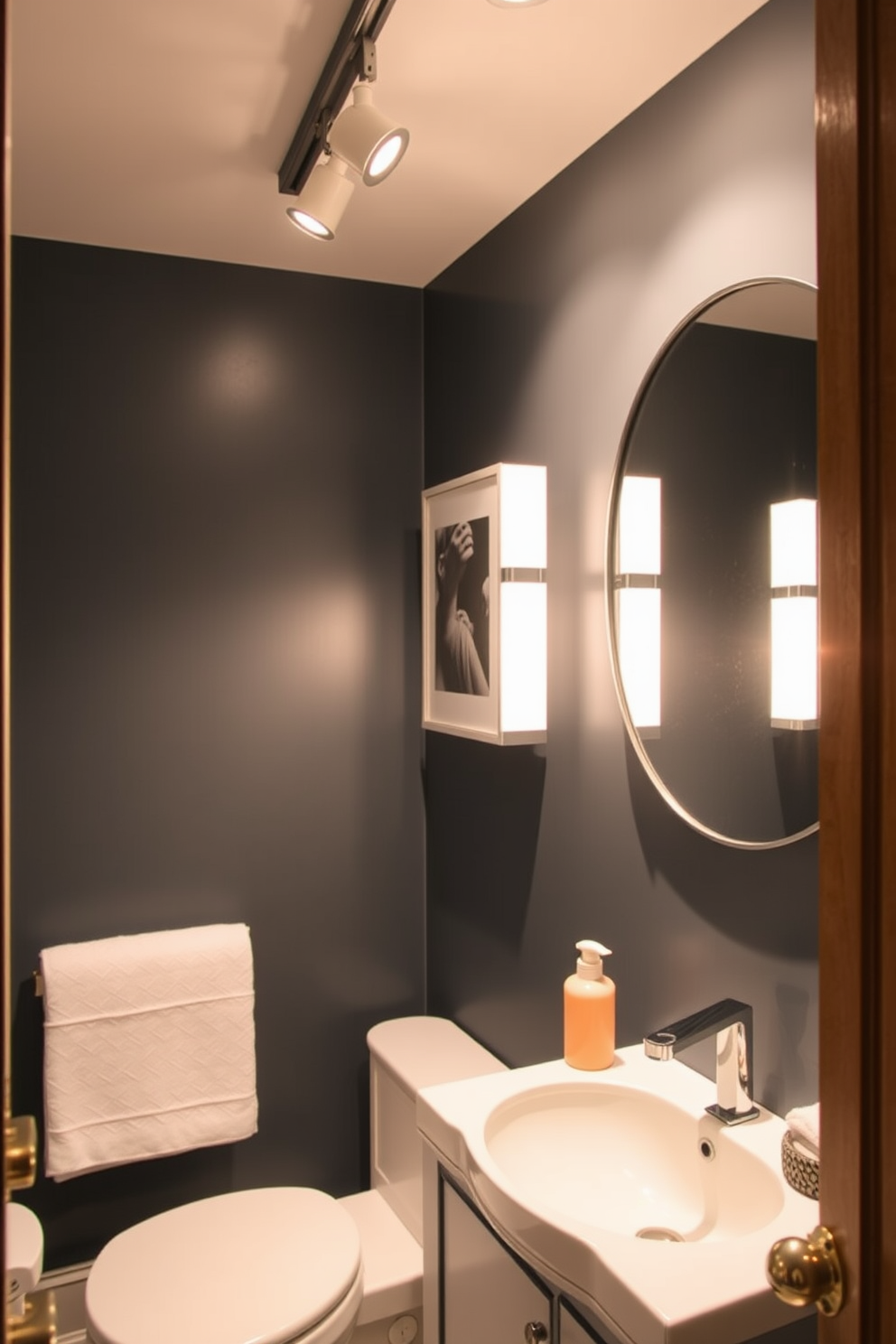 A stylish powder room featuring wall-mounted reading lights that provide both functionality and ambiance. The lights are installed on either side of a sleek mirror, illuminating the space with a warm glow while enhancing the room's modern aesthetic.