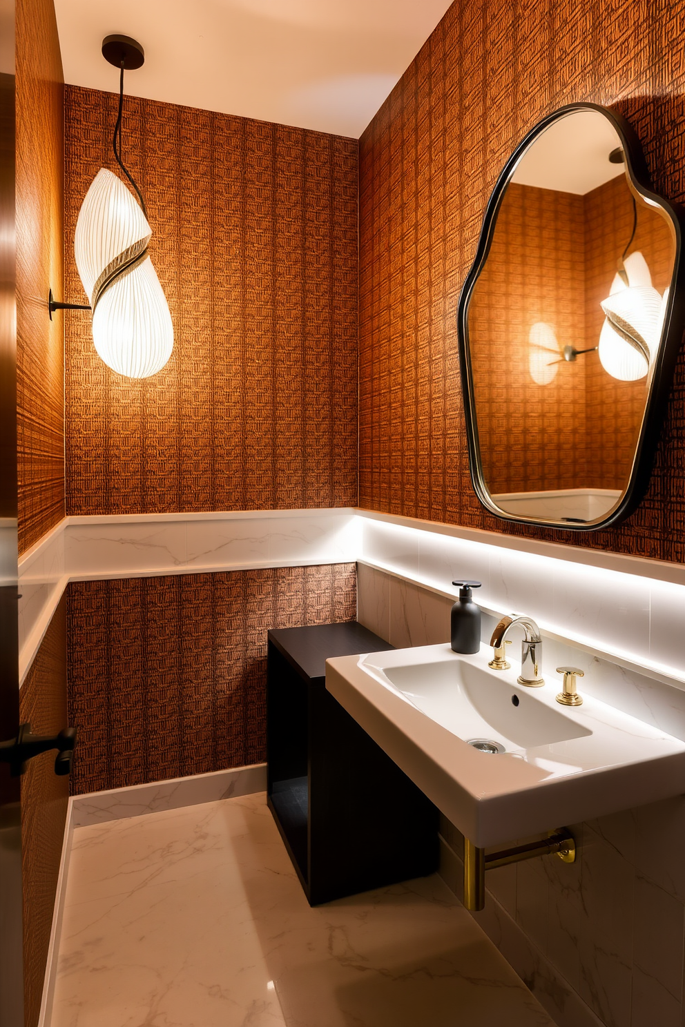 A powder room featuring sculptural light fixtures that serve as artistic focal points. The walls are adorned with a rich textured wallpaper, and the floor is laid with elegant marble tiles. Soft ambient lighting enhances the artistic elements, creating a warm and inviting atmosphere. A stylish mirror with a unique shape reflects the light, adding depth and interest to the space.