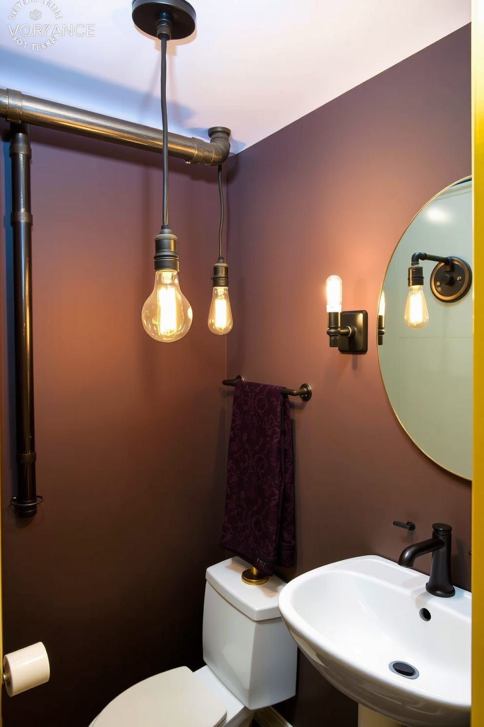 Create a stylish powder room featuring industrial-style fixtures that emphasize an edgy aesthetic. Incorporate exposed pipes, metal accents, and a bold color palette to enhance the overall design. The lighting should include pendant lights with Edison bulbs that hang from the ceiling, casting a warm glow throughout the space. Consider wall sconces with a vintage finish to add character and complement the industrial theme.