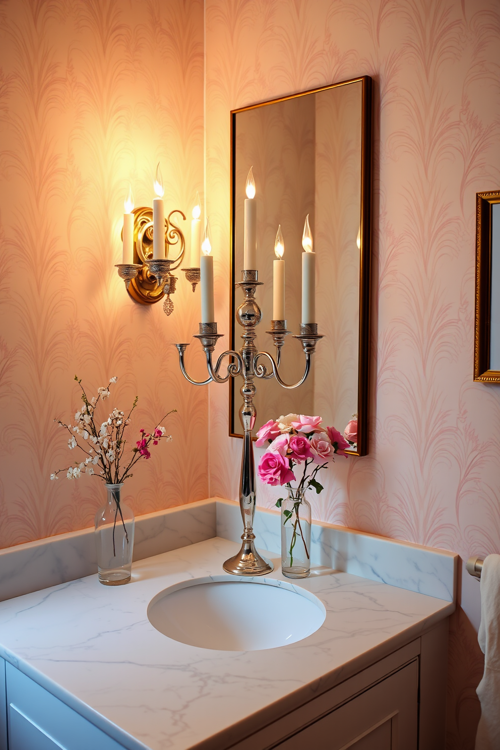 A stunning powder room features an elegant candelabra as the centerpiece, casting a warm glow across the space. The walls are adorned with soft pastel wallpaper, creating a romantic ambiance that invites relaxation and intimacy. The candelabra is positioned on a sleek marble countertop, surrounded by delicate floral arrangements in vintage vases. Soft lighting from the candelabra complements the understated elegance of the room, enhancing the overall aesthetic with a touch of luxury.