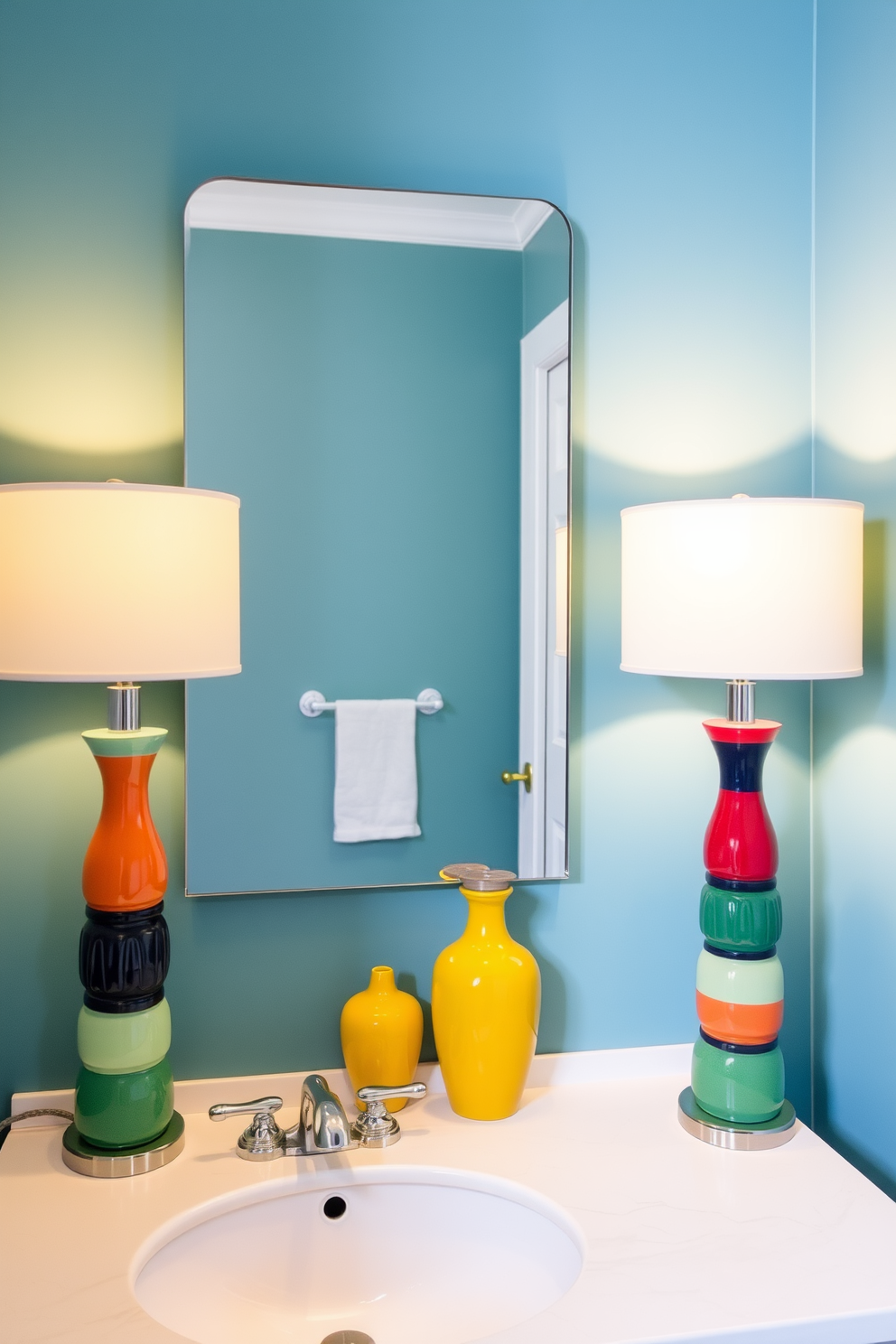 A vibrant powder room featuring colorful ceramic lamps that add a playful touch to the space. The lamps are positioned on either side of a sleek mirror, casting a warm glow that enhances the cheerful ambiance.