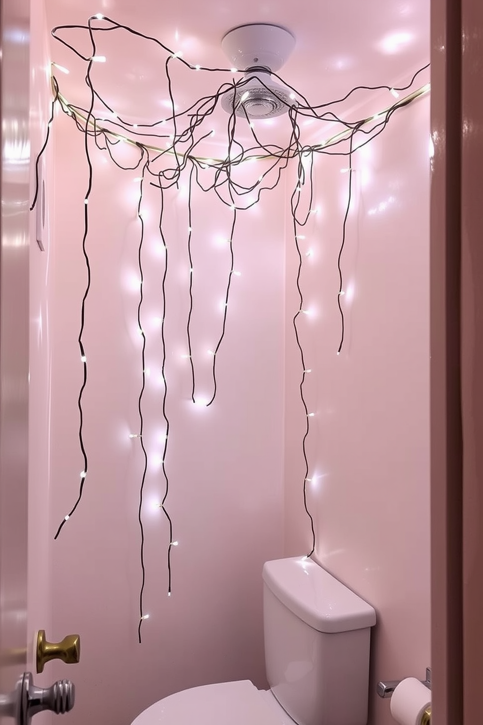 A whimsical powder room adorned with twinkling fairy lights creates a magical ambiance. The walls are painted in a soft pastel hue, and the ceiling is draped with delicate strands of lights that shimmer gently.